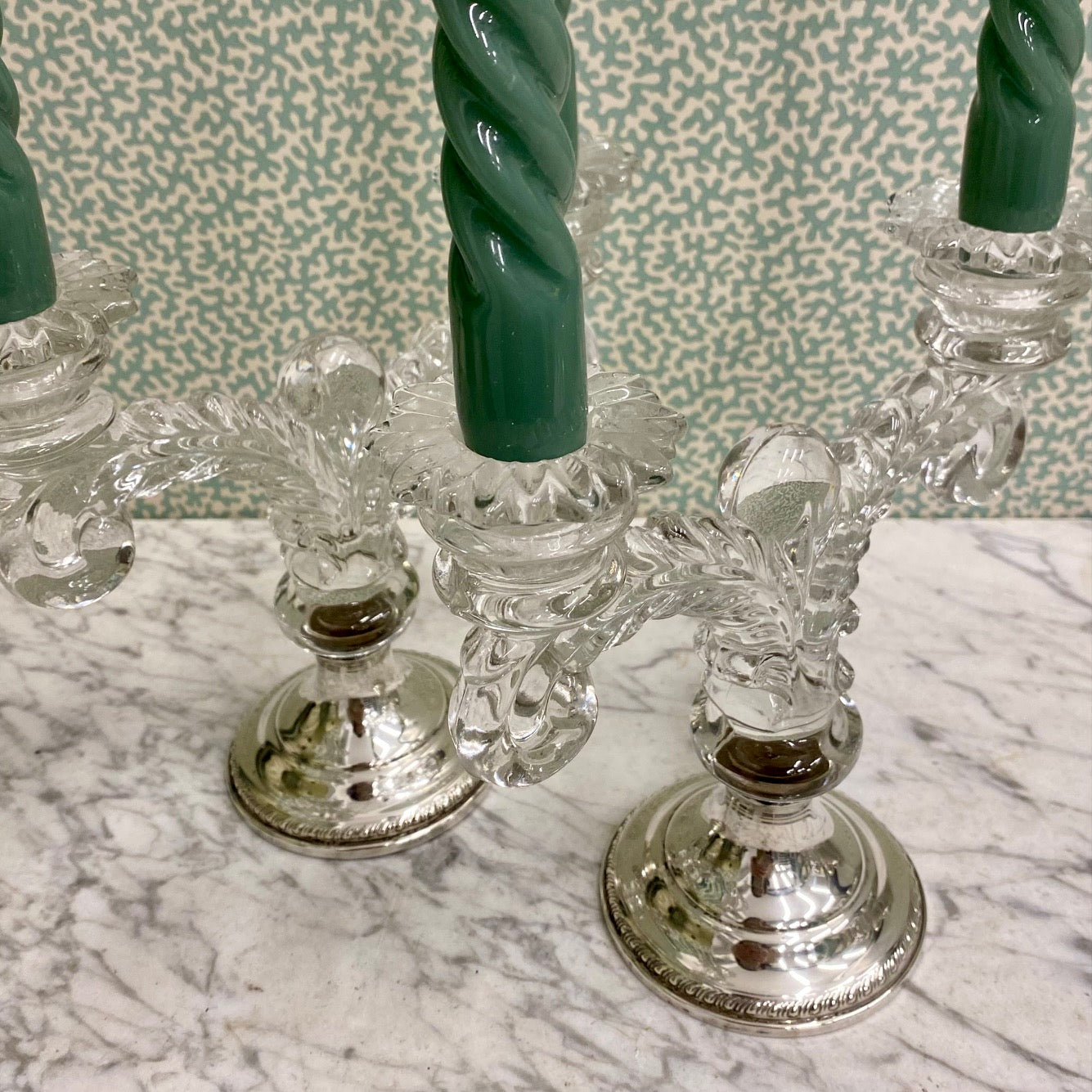 Pair American Double Arm Glass Candlesticks with Silver Bases