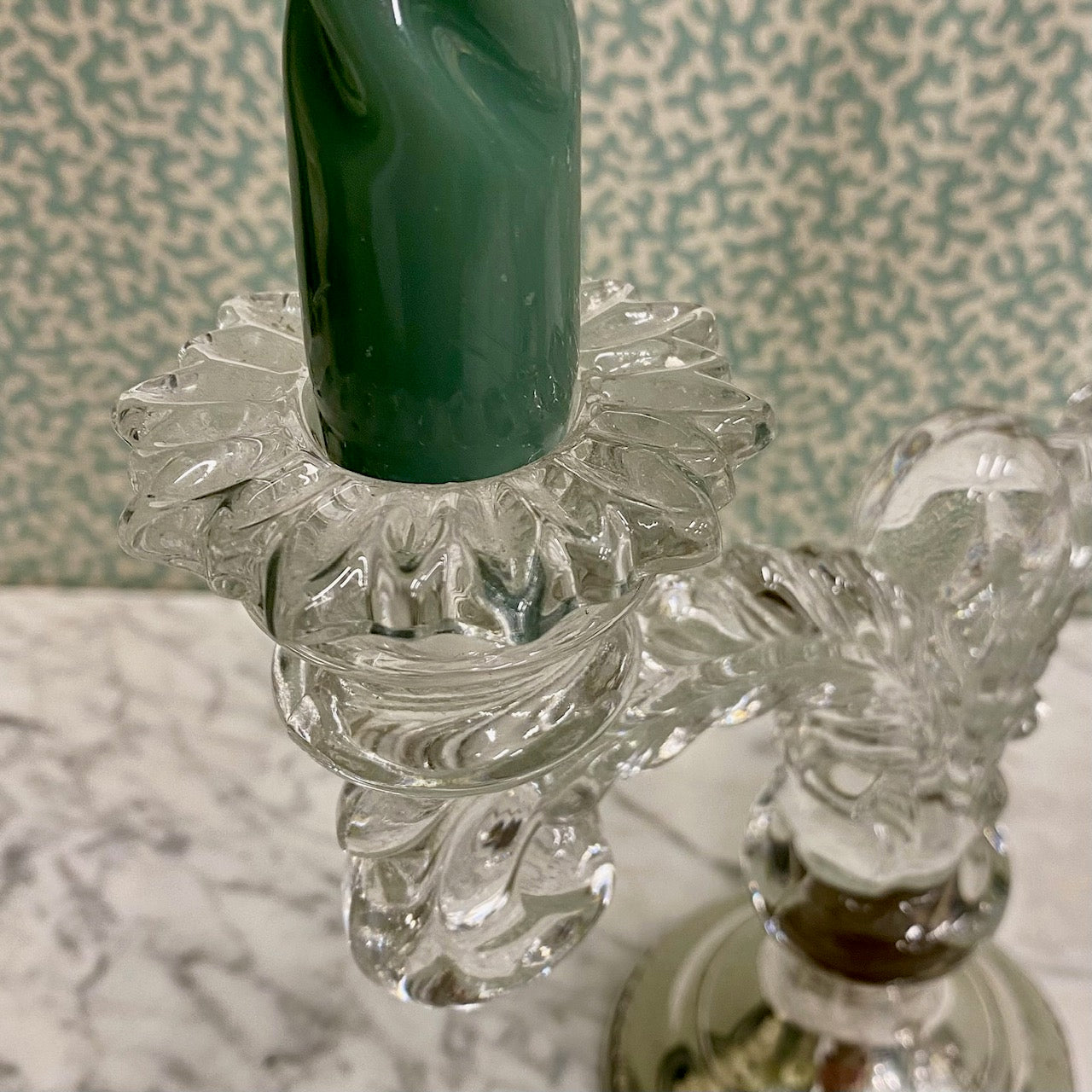 Pair American Double Arm Glass Candlesticks with Silver Bases