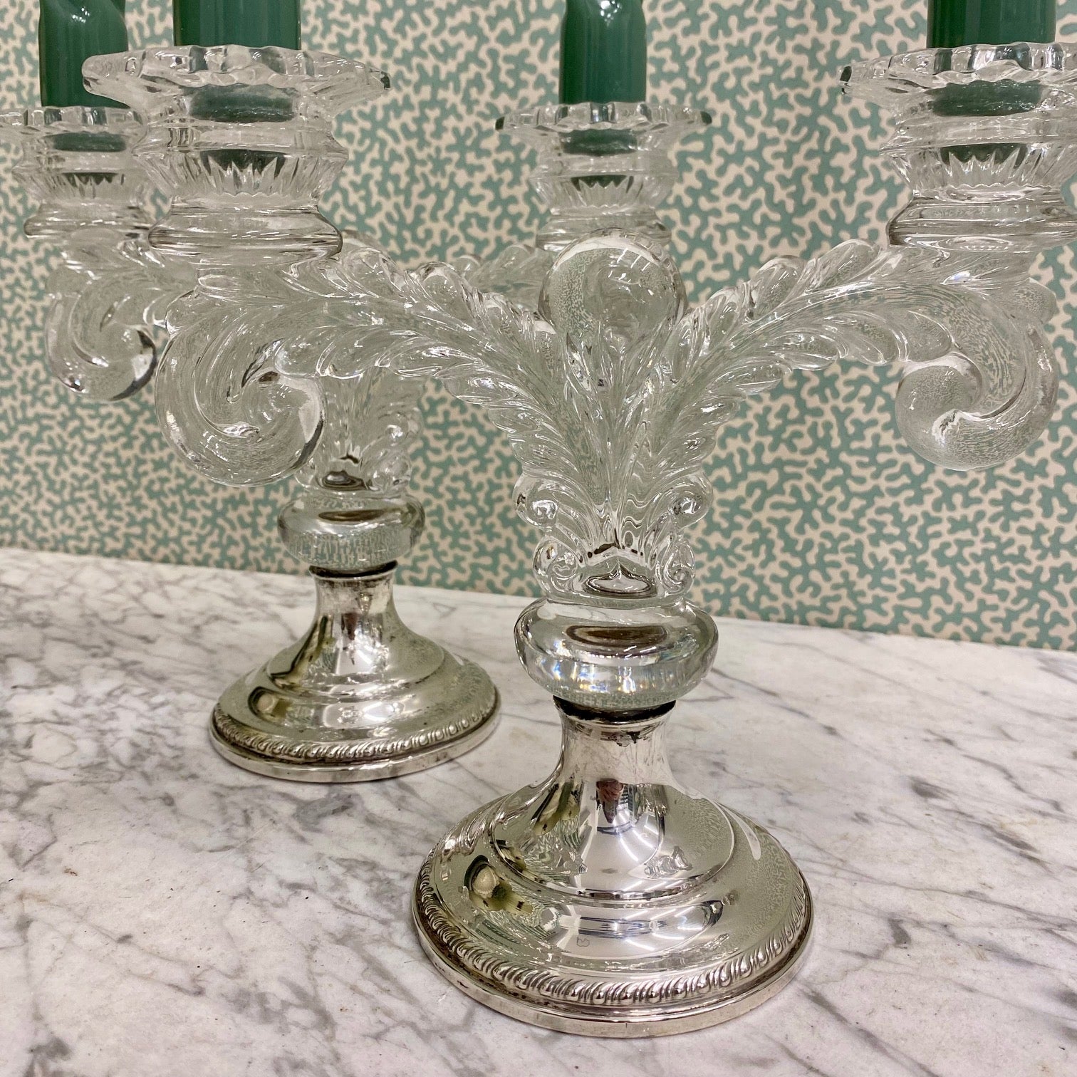 Pair American Double Arm Glass Candlesticks with Silver Bases
