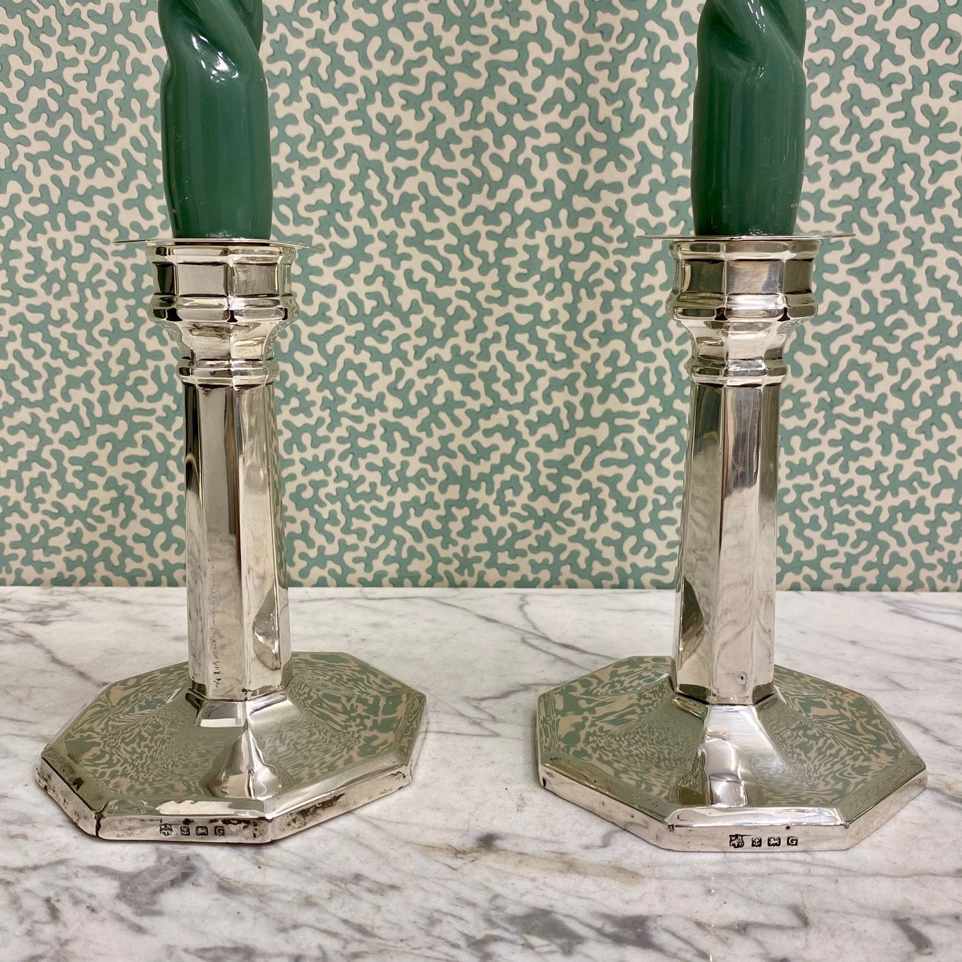 Pair Sterling Silver Octagonal Candlesticks