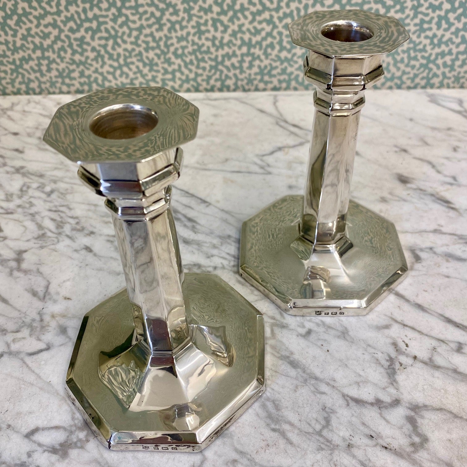 Pair Sterling Silver Octagonal Candlesticks