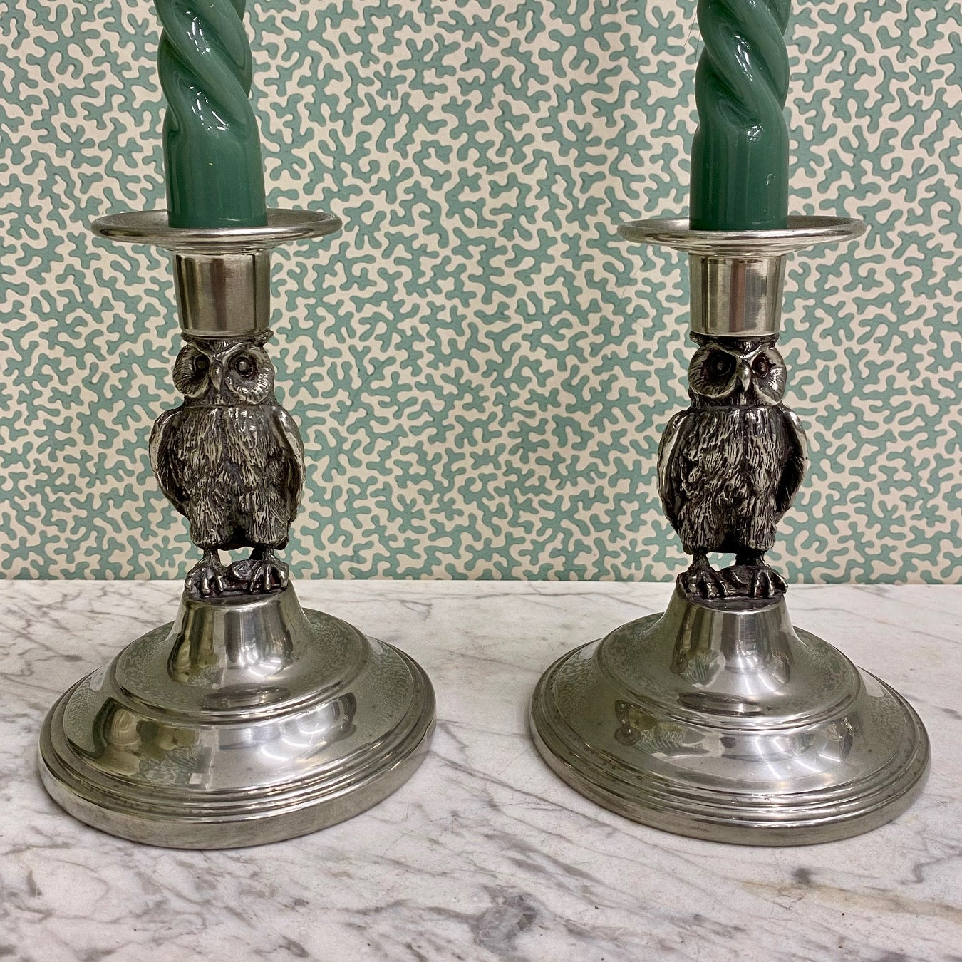 A Rare Pair of Irish Pewter, Owl Candlesticks