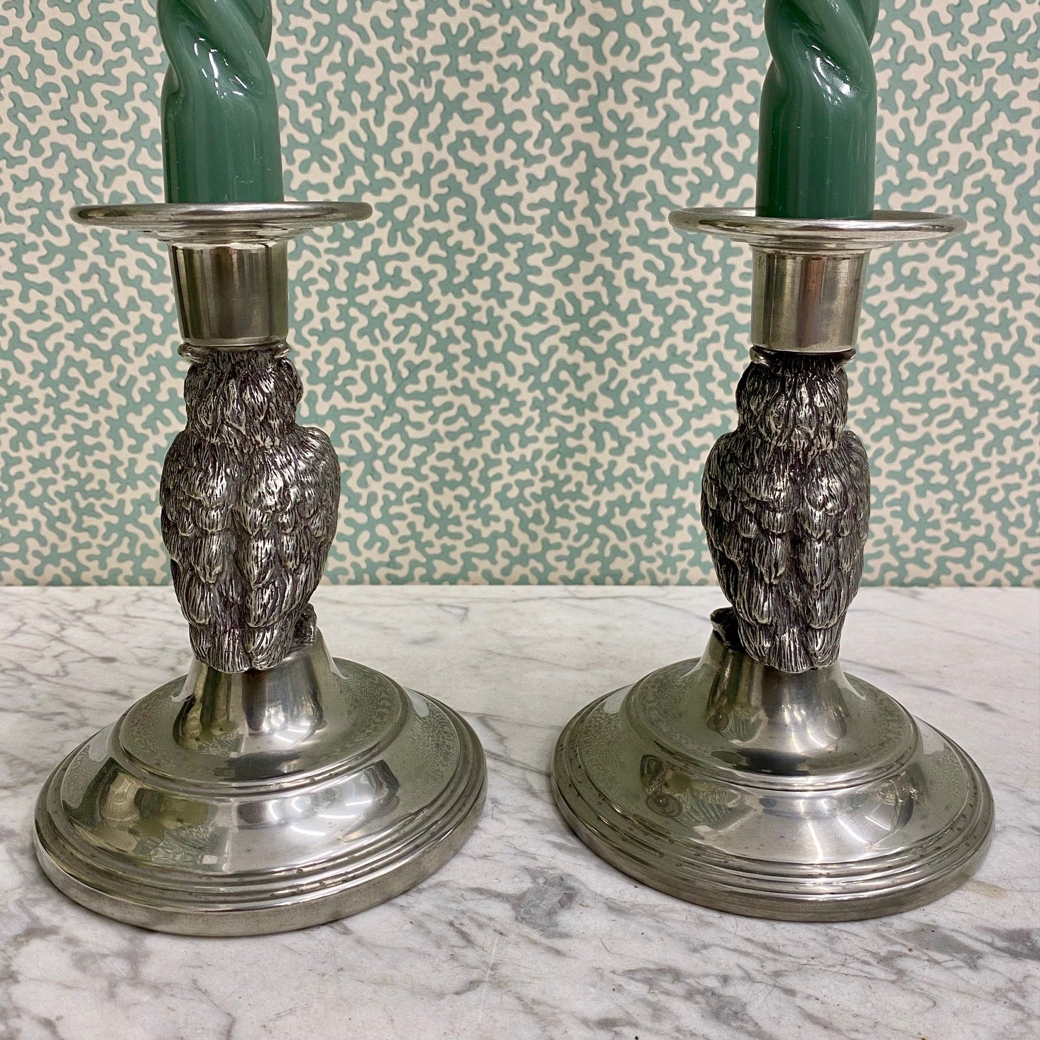 A Rare Pair of Irish Pewter, Owl Candlesticks