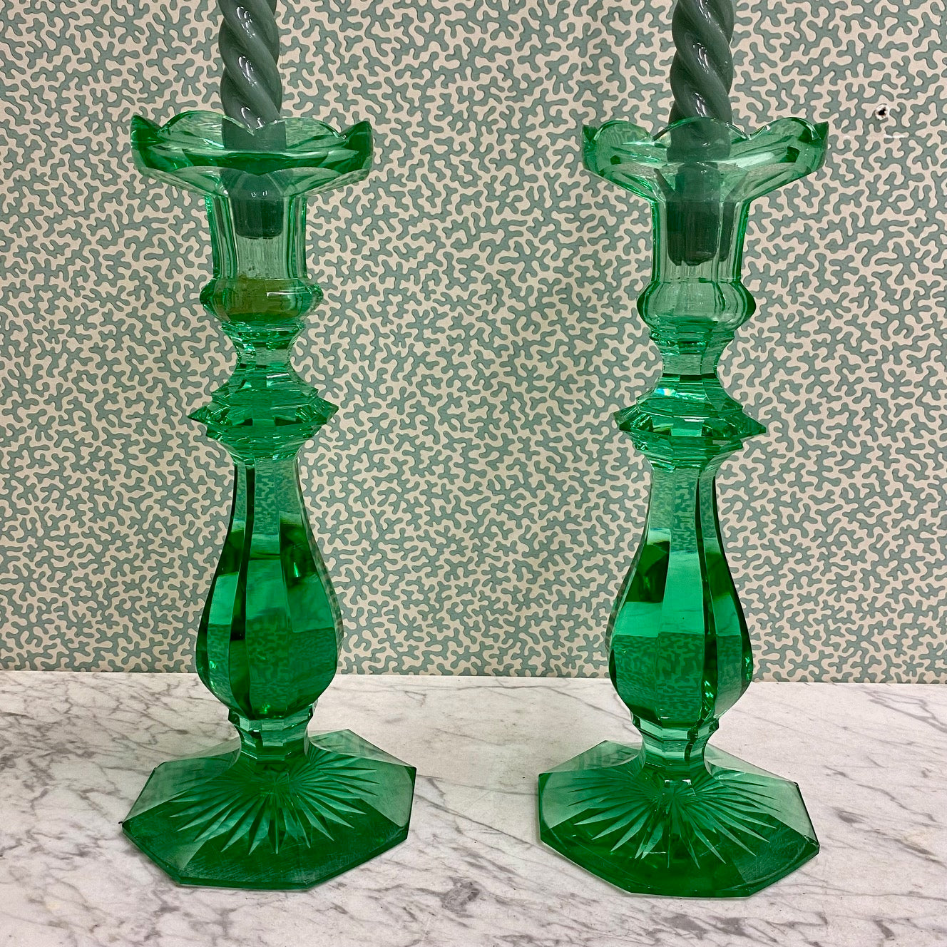 A Rare Large Pair of Victorian Green Crystal Candlesticks