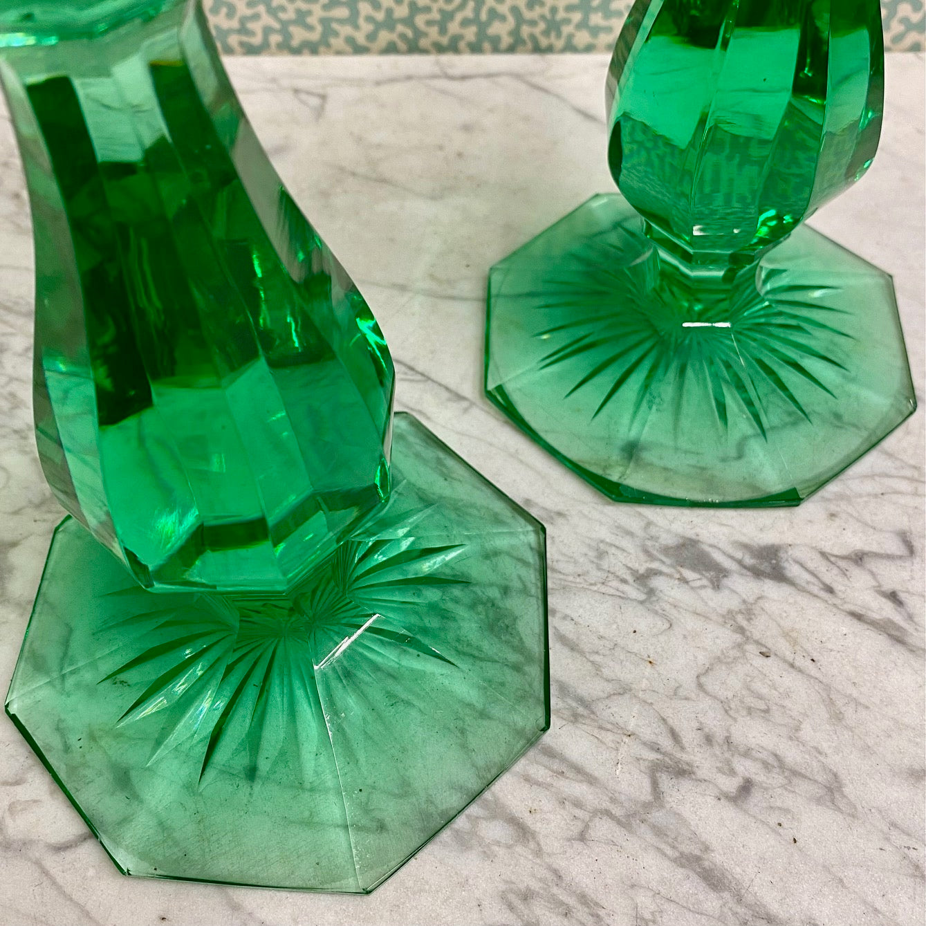 A Rare Large Pair of Victorian Green Crystal Candlesticks