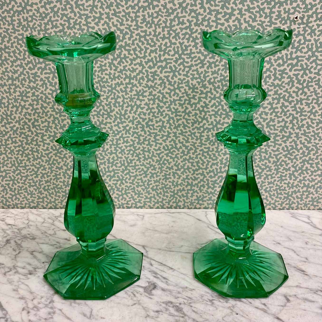 A Rare Large Pair of Victorian Green Crystal Candlesticks