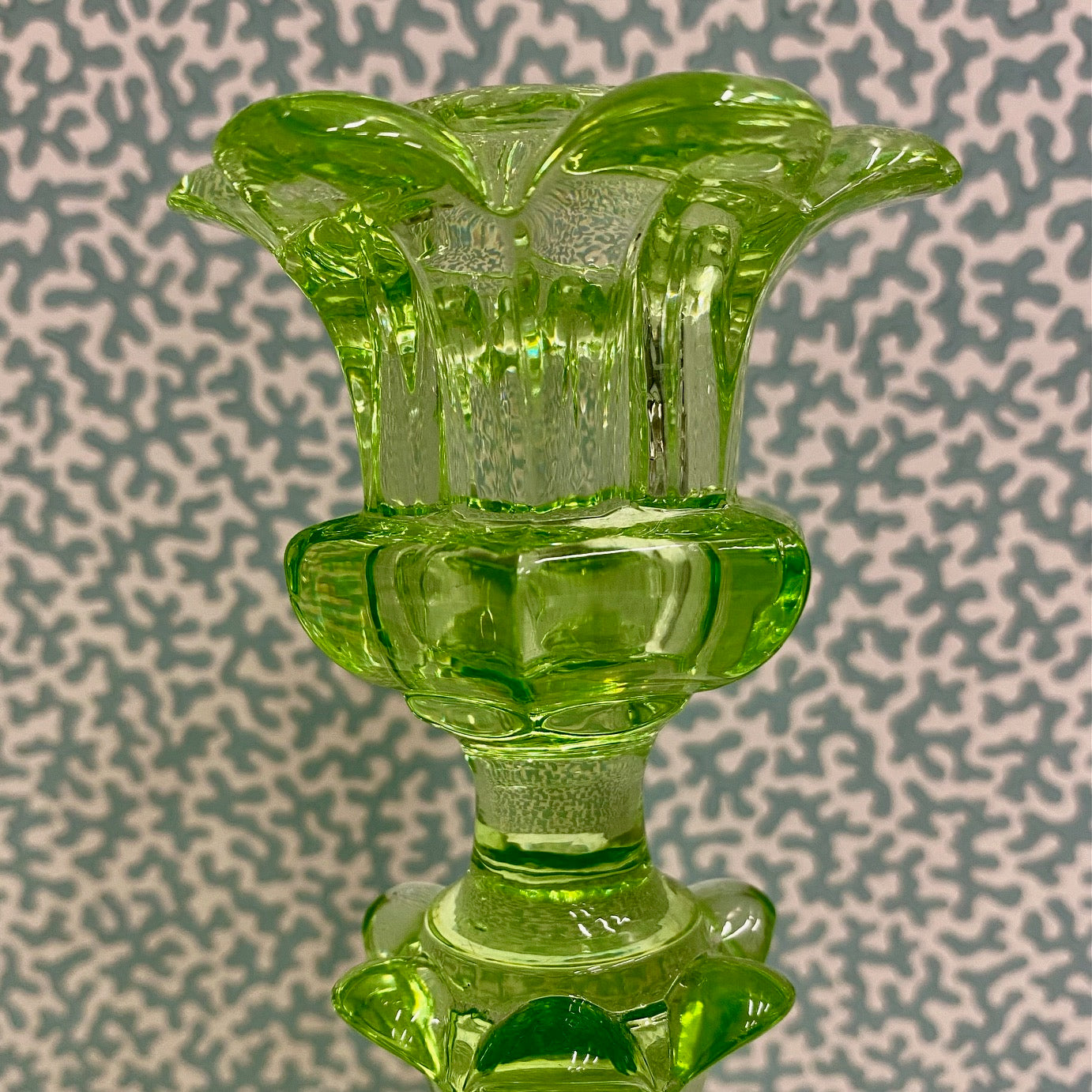 Pair Victorian Uranium Green Glass Candlesticks