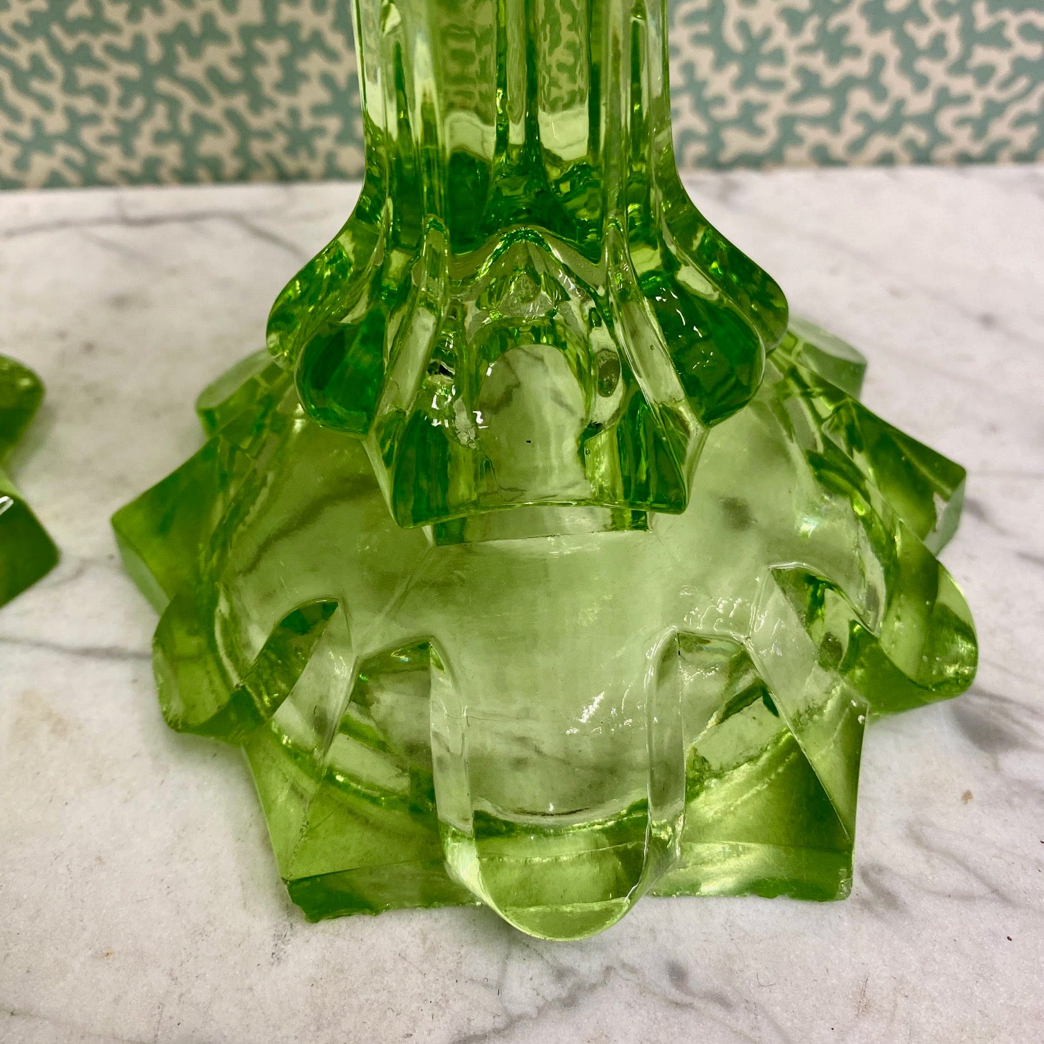 Pair Victorian Uranium Green Glass Candlesticks