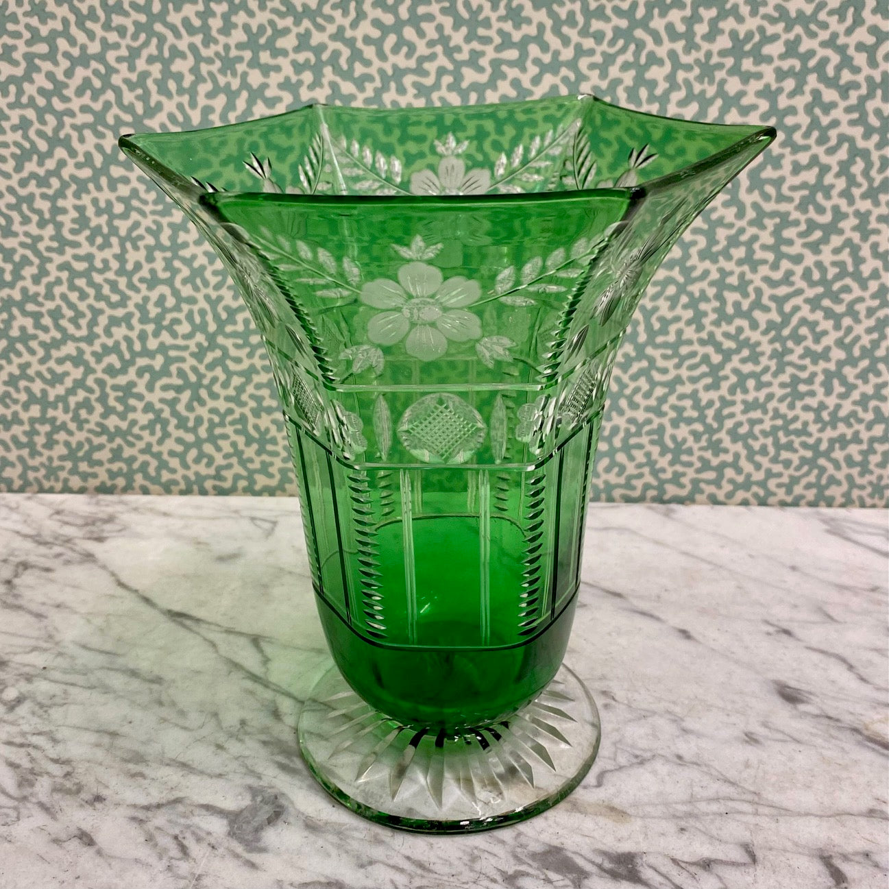 English Webb Crystal Green Overlay Vase