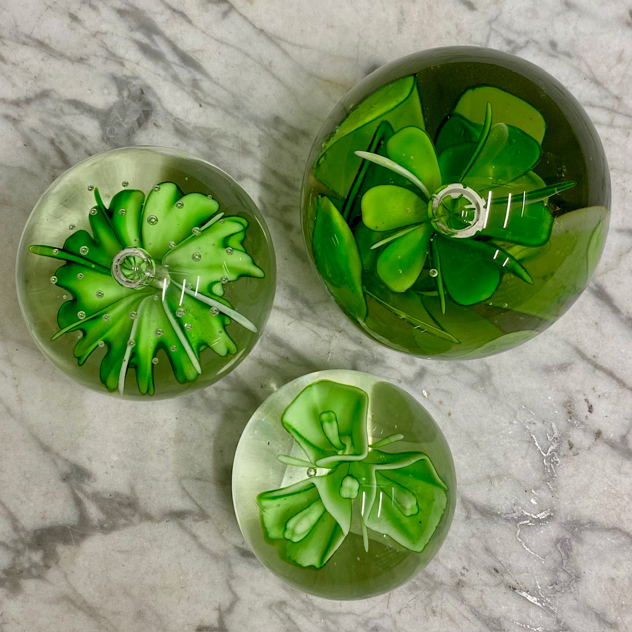 Trio Vintage Green Glass Paperweights