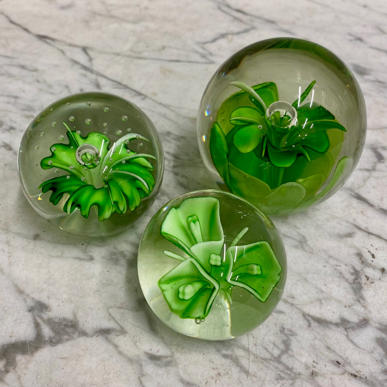 Trio Vintage Green Glass Paperweights