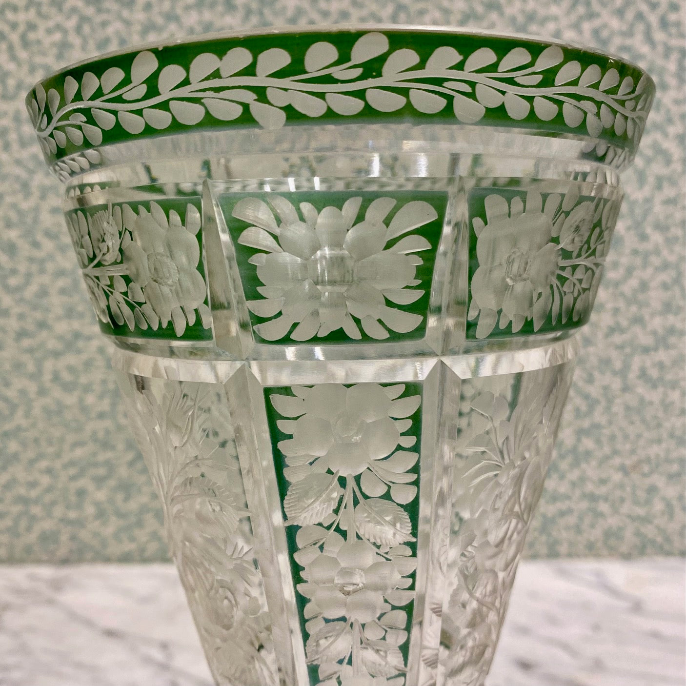 Beautiful Antique Green Etched Glass Vase