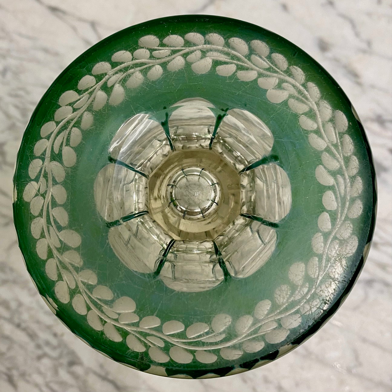 Beautiful Antique Green Etched Glass Vase