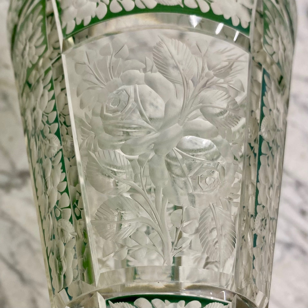 Beautiful Antique Green Etched Glass Vase