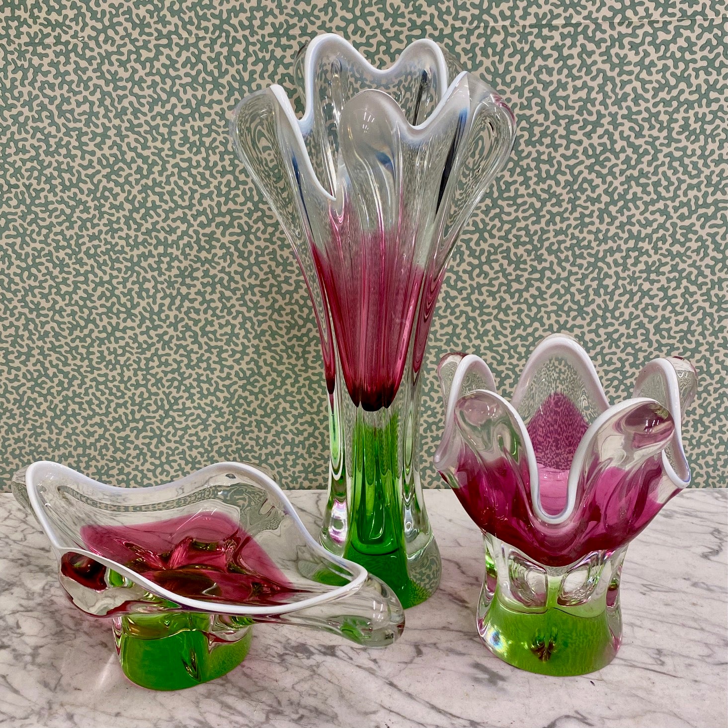1970's Czech Chribska Boheim Trio of Pink and Green Decorative Glass by Josef Hospodka