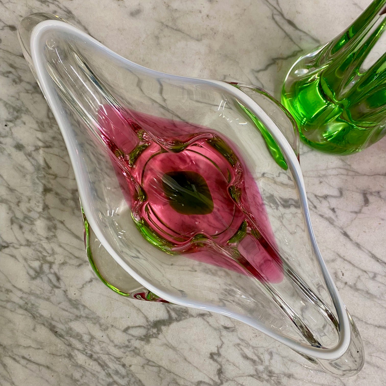 1970's Czech Chribska Boheim Trio of Pink and Green Decorative Glass by Josef Hospodka