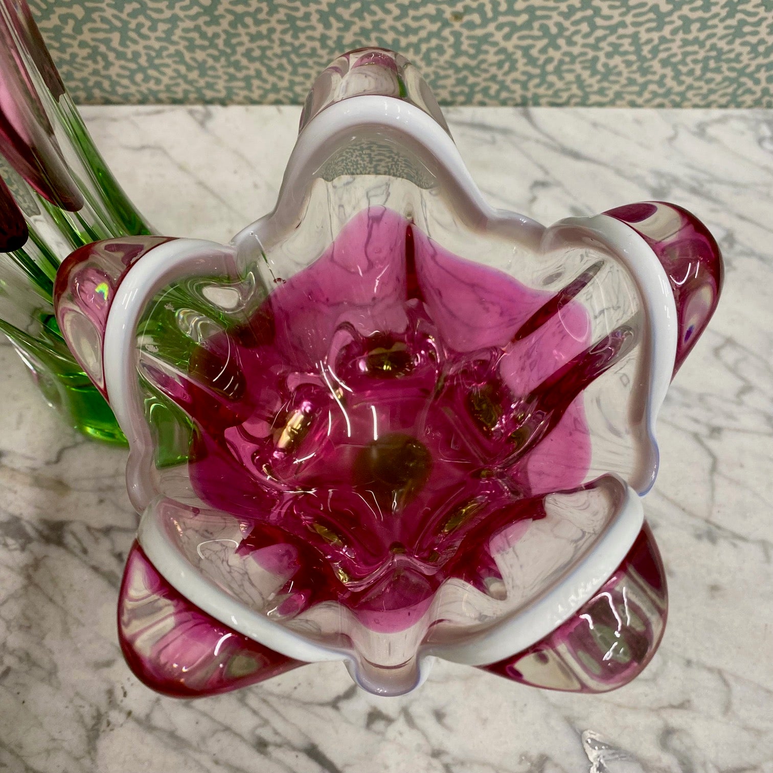 1970's Czech Chribska Boheim Trio of Pink and Green Decorative Glass by Josef Hospodka