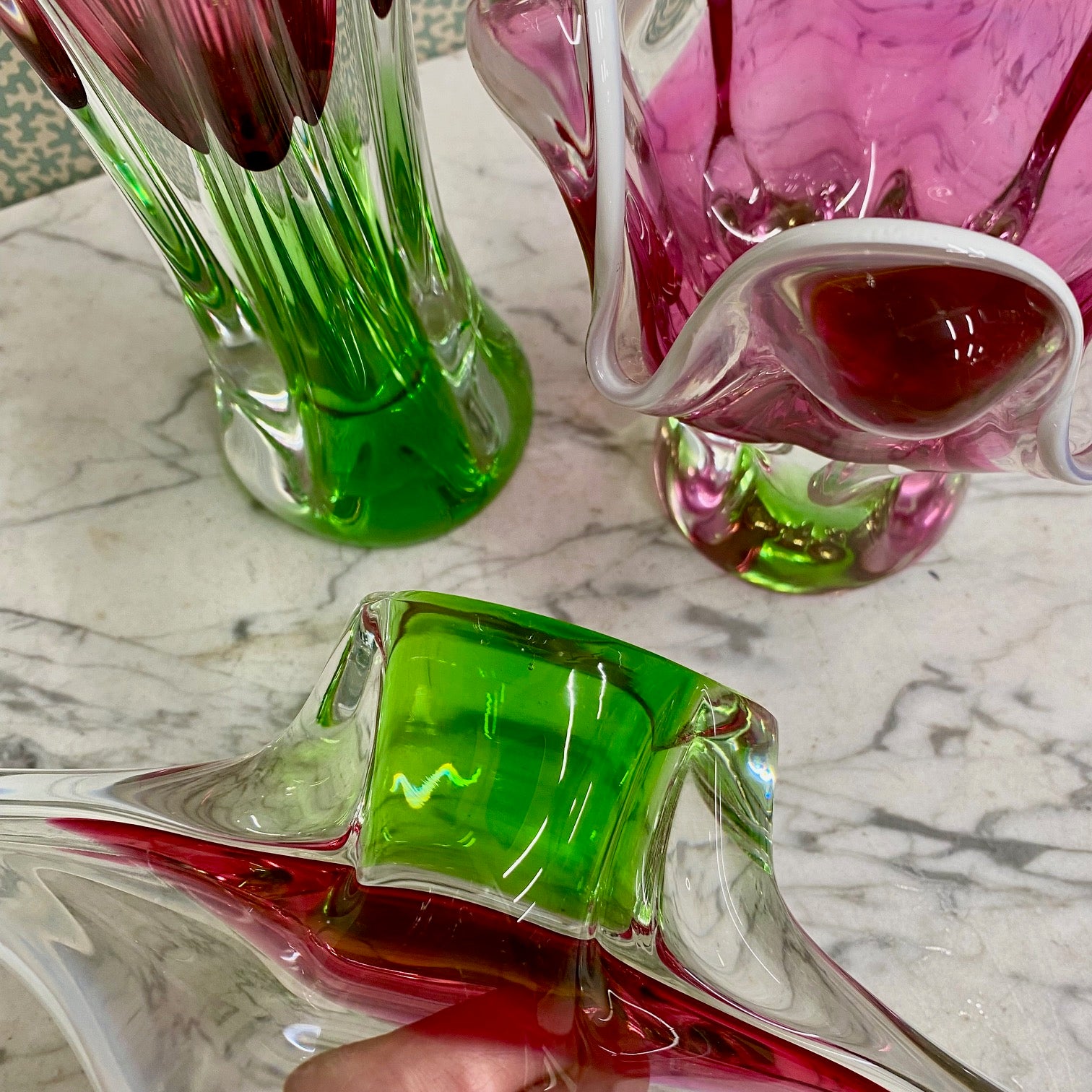 1970's Czech Chribska Boheim Trio of Pink and Green Decorative Glass by Josef Hospodka