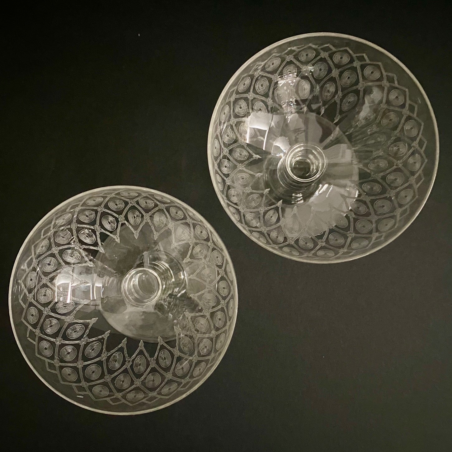 Pair Etched Champagne Coupes
