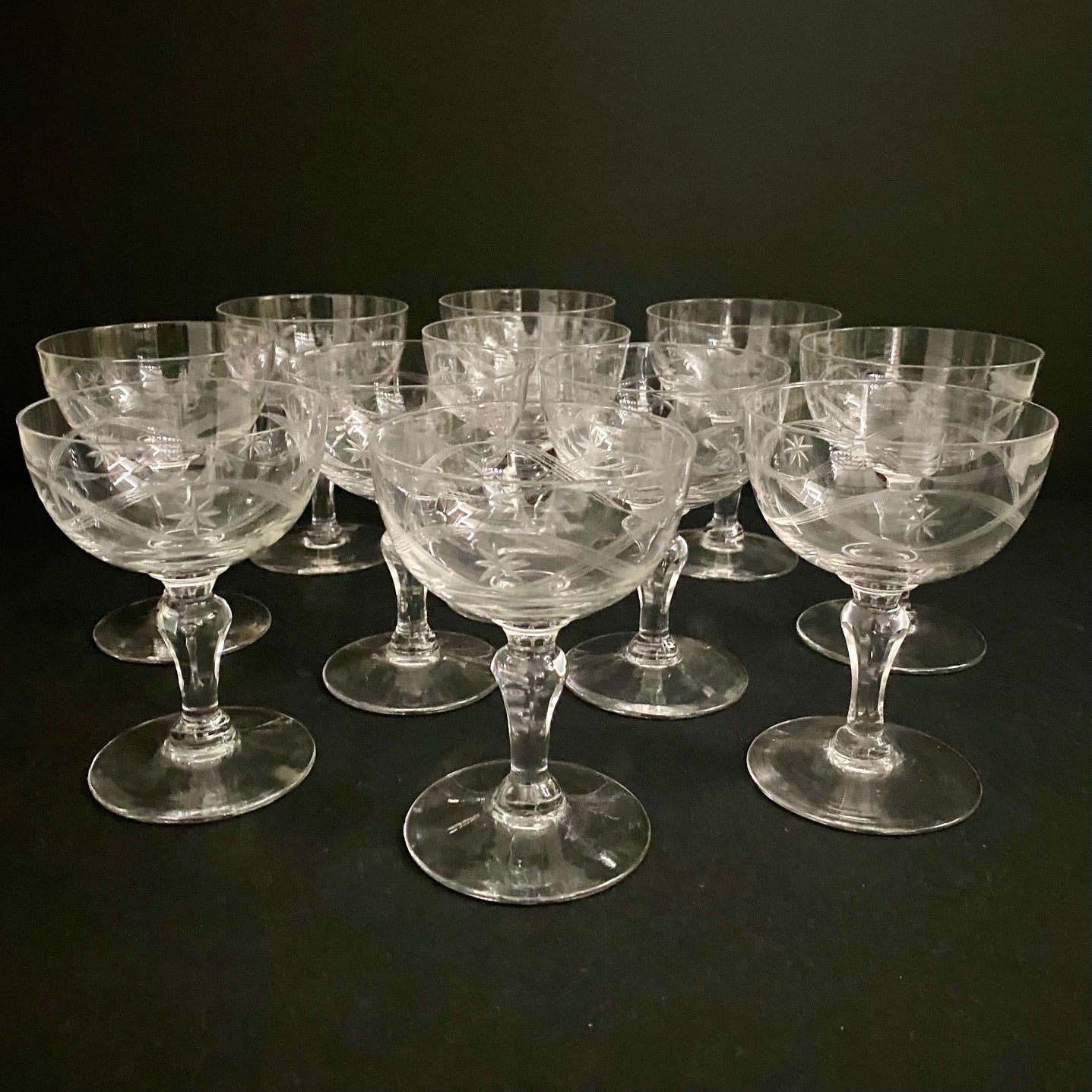 Set 11 Baccarat Etched Crystal Champagne Coupes