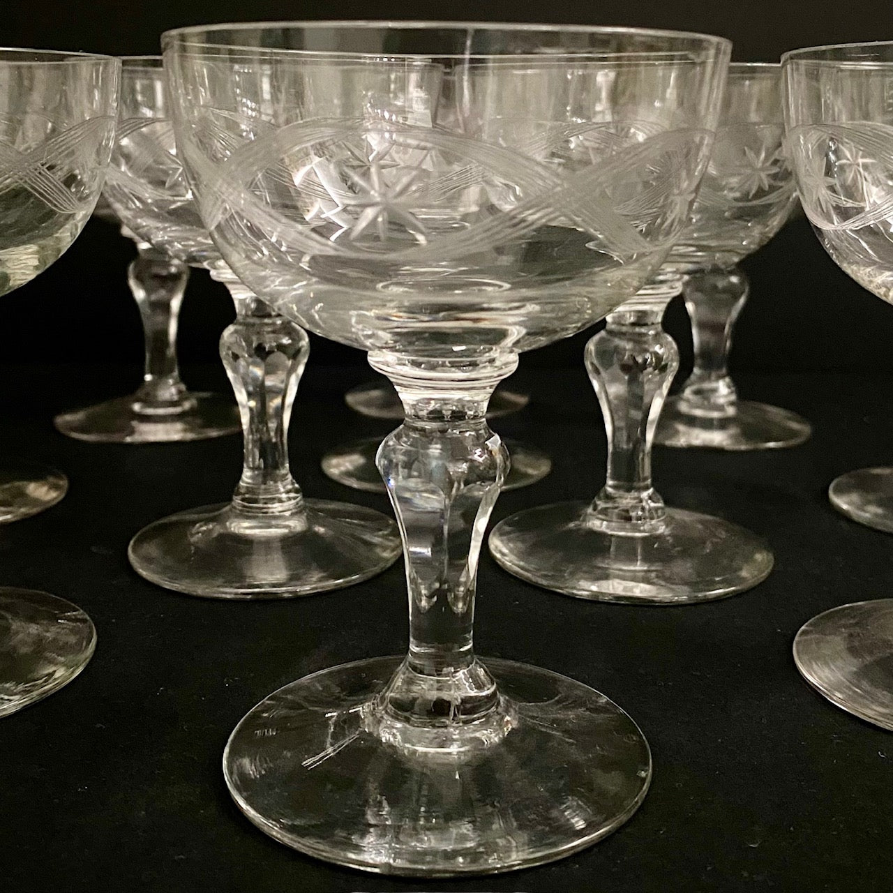 Set 11 Baccarat Etched Crystal Champagne Coupes
