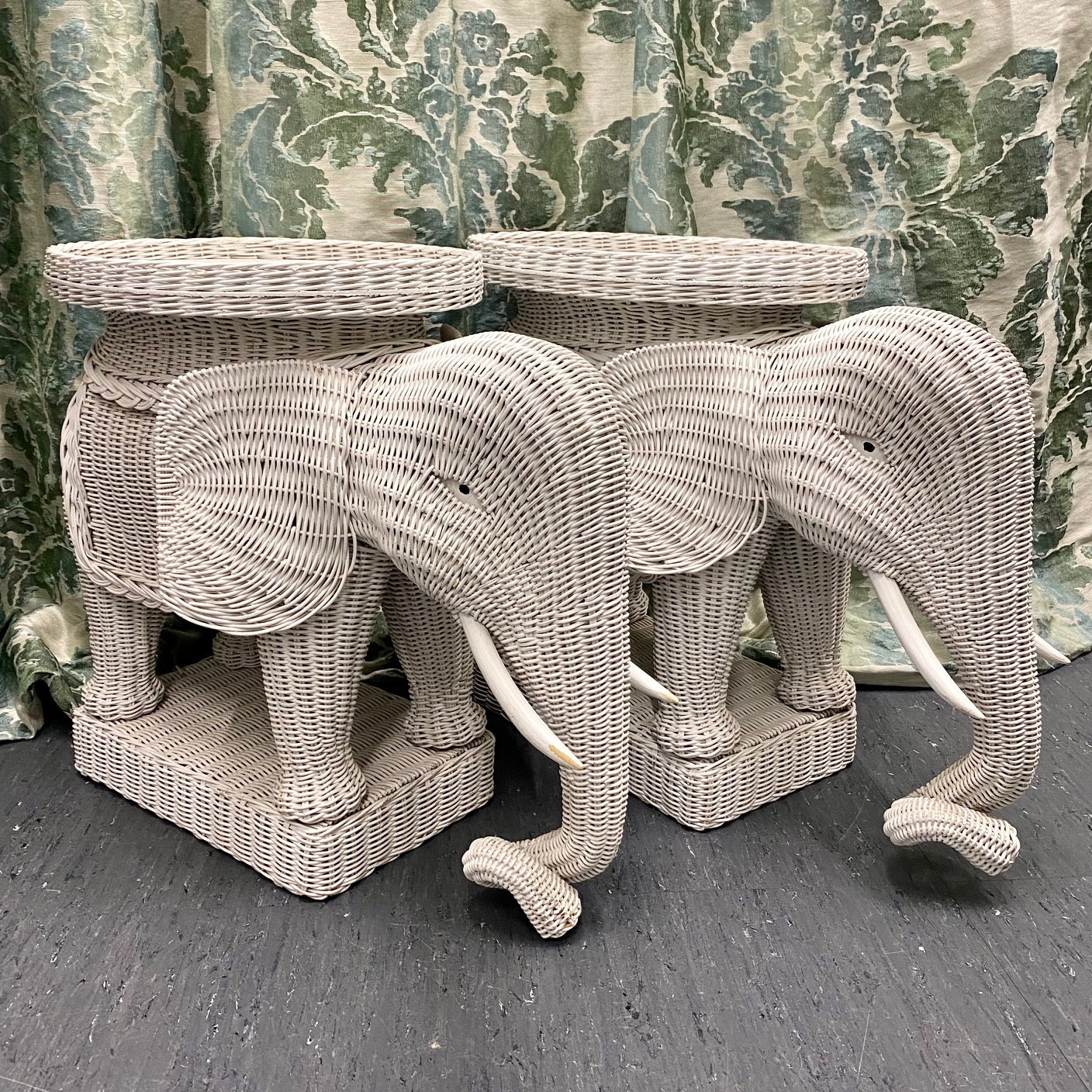 Epic Pair 1970's White Wicker Elephant Tables
