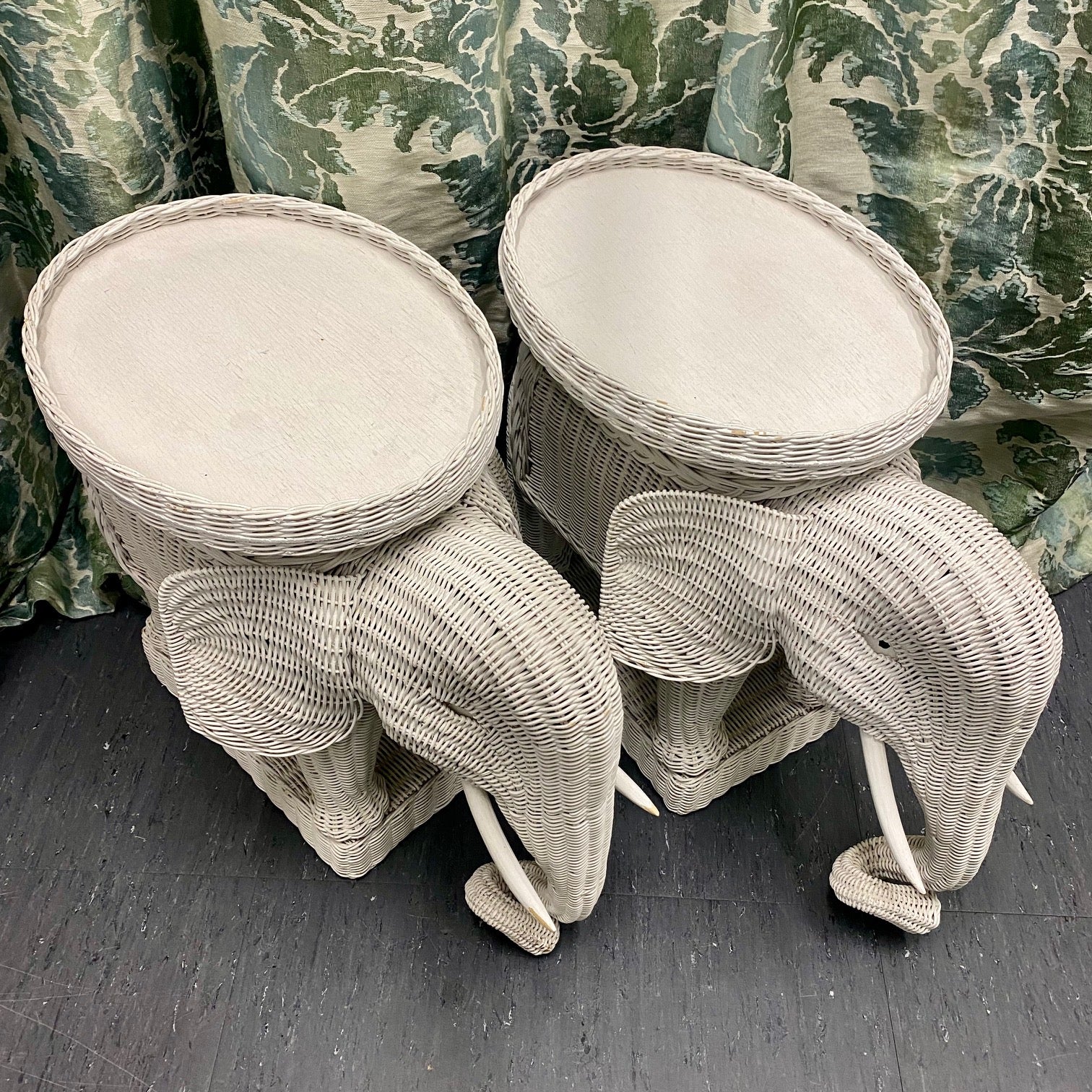 Epic Pair 1970's White Wicker Elephant Tables