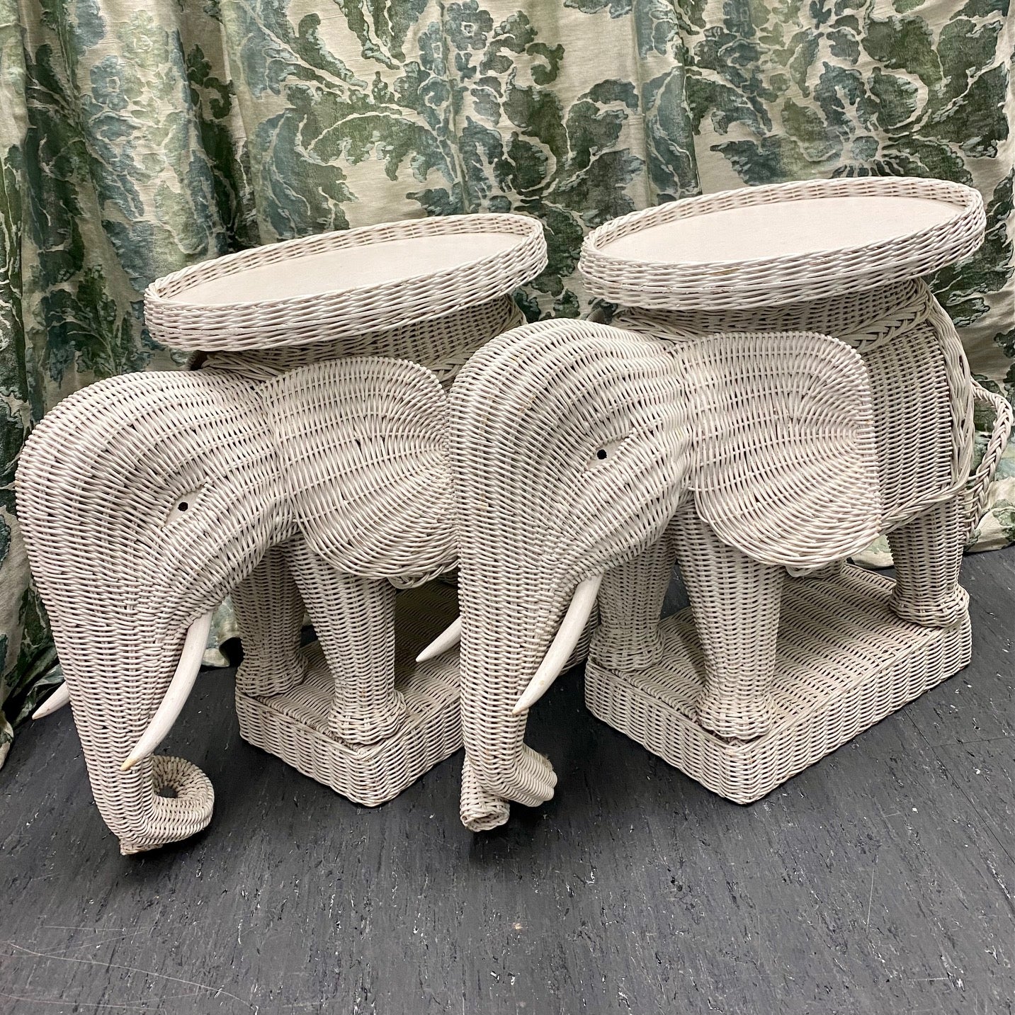 Epic Pair 1970's White Wicker Elephant Tables