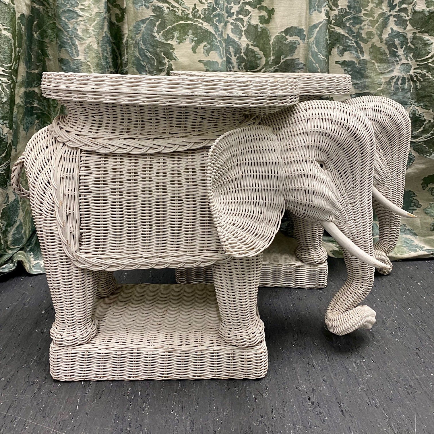 Epic Pair 1970's White Wicker Elephant Tables