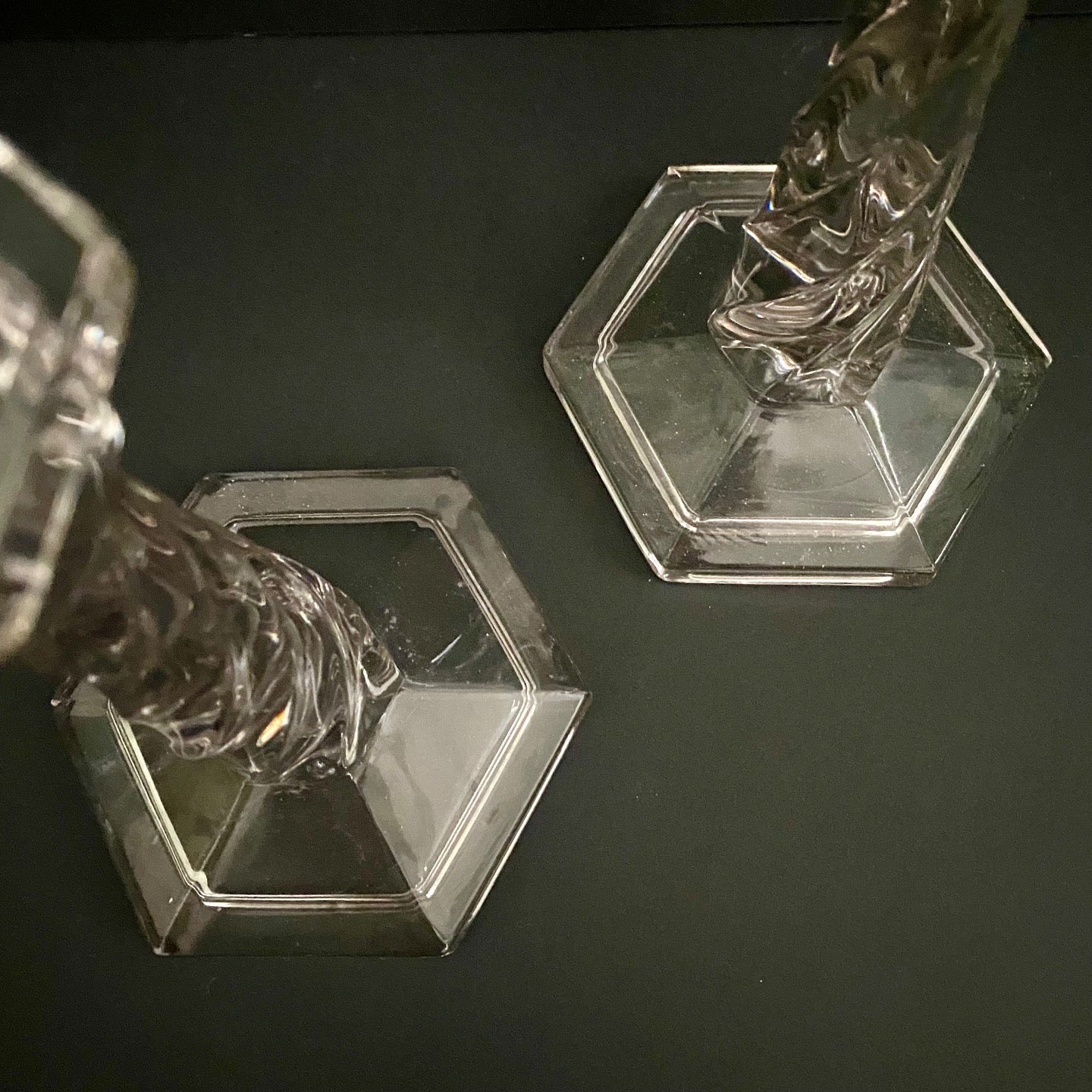 Pair Art Deco Twist Glass Candlesticks on Hexagonal Bases