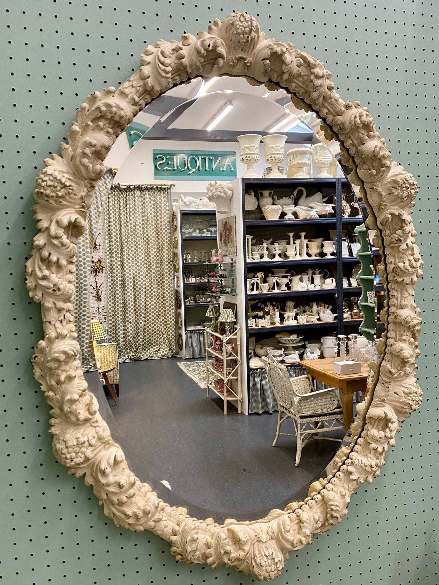 Antique Italian Carved Wood Oval Mirror