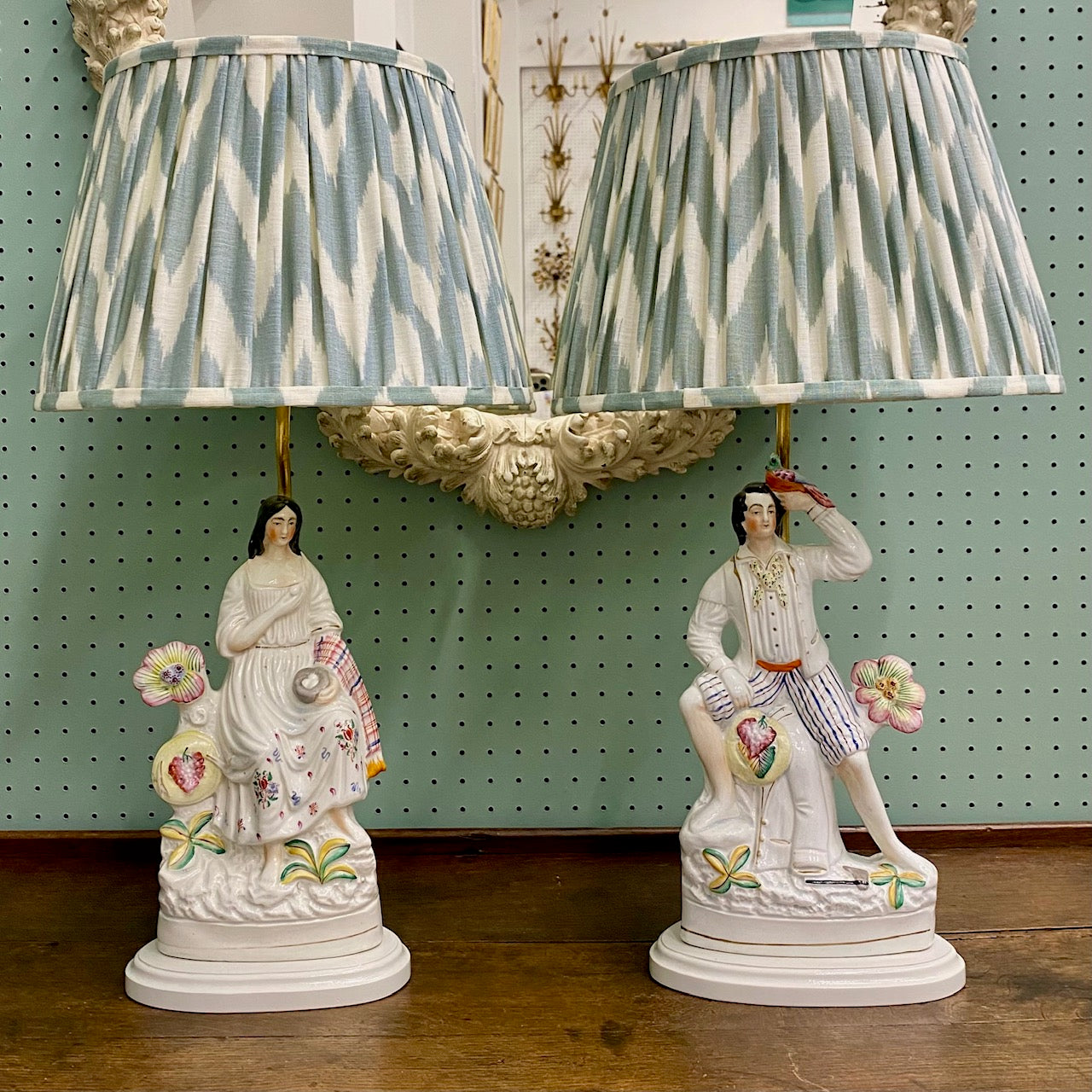 Pair Rare Exquisite Antique Staffordshire Woodsman Lamps