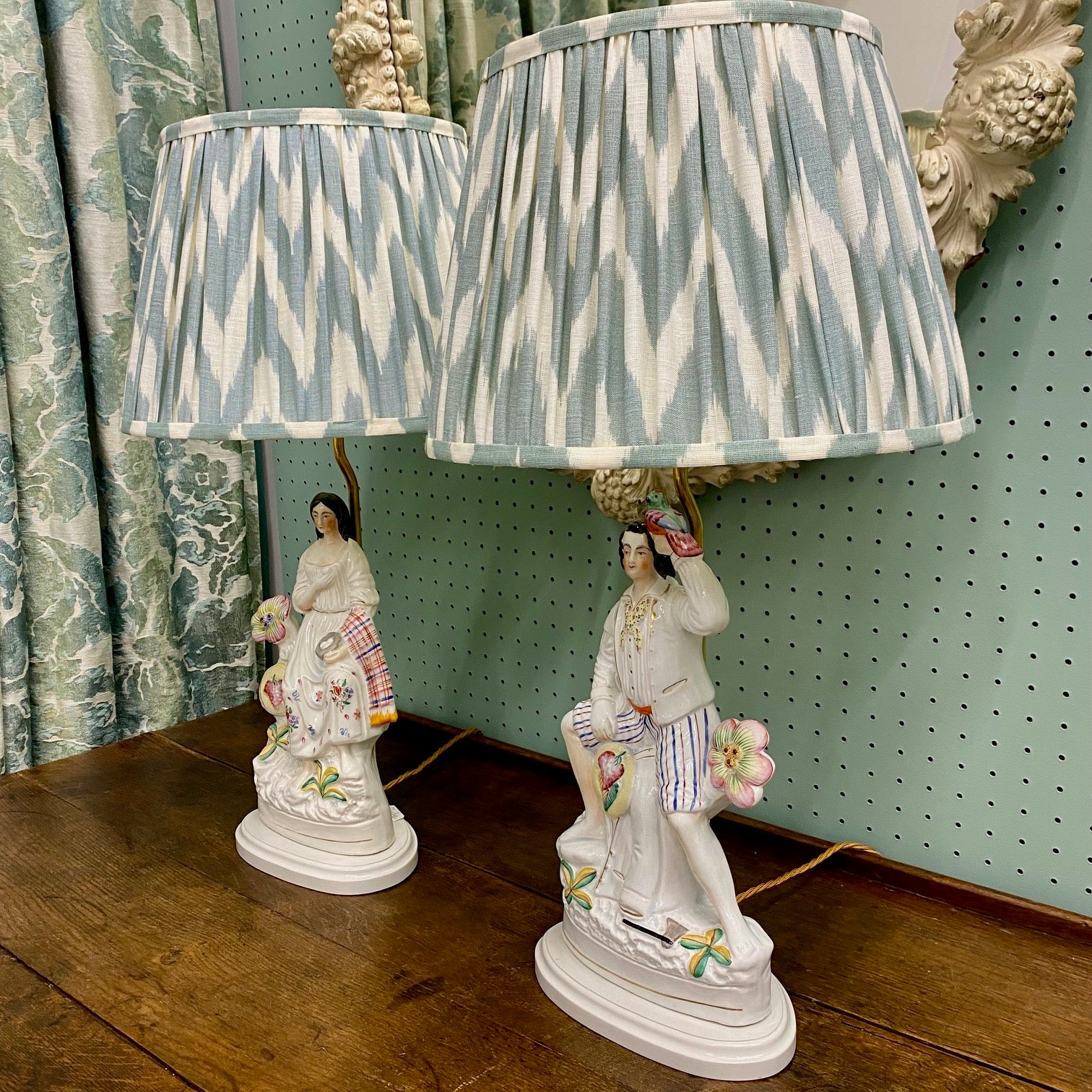 Pair Rare Exquisite Antique Staffordshire Woodsman Lamps