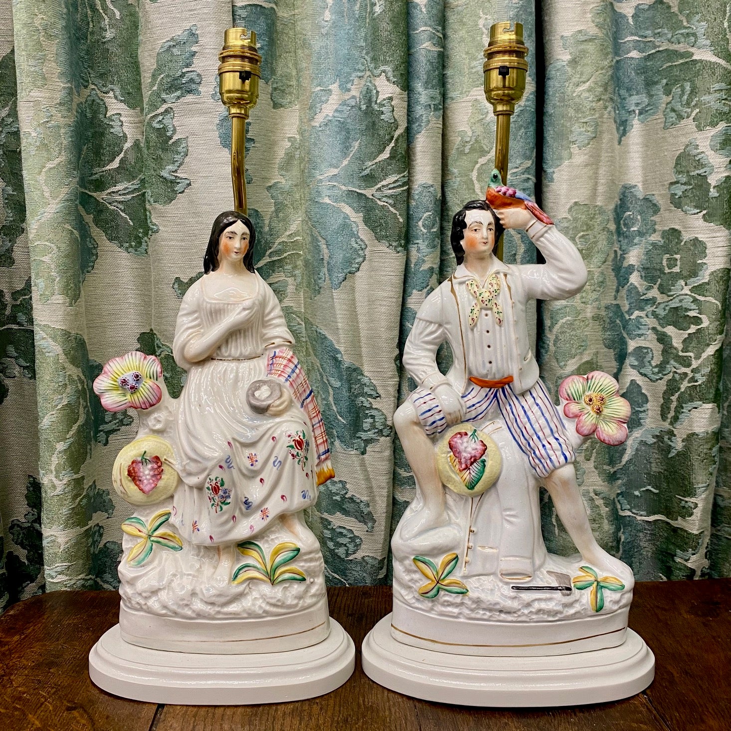 Pair Rare Exquisite Antique Staffordshire Woodsman Lamps