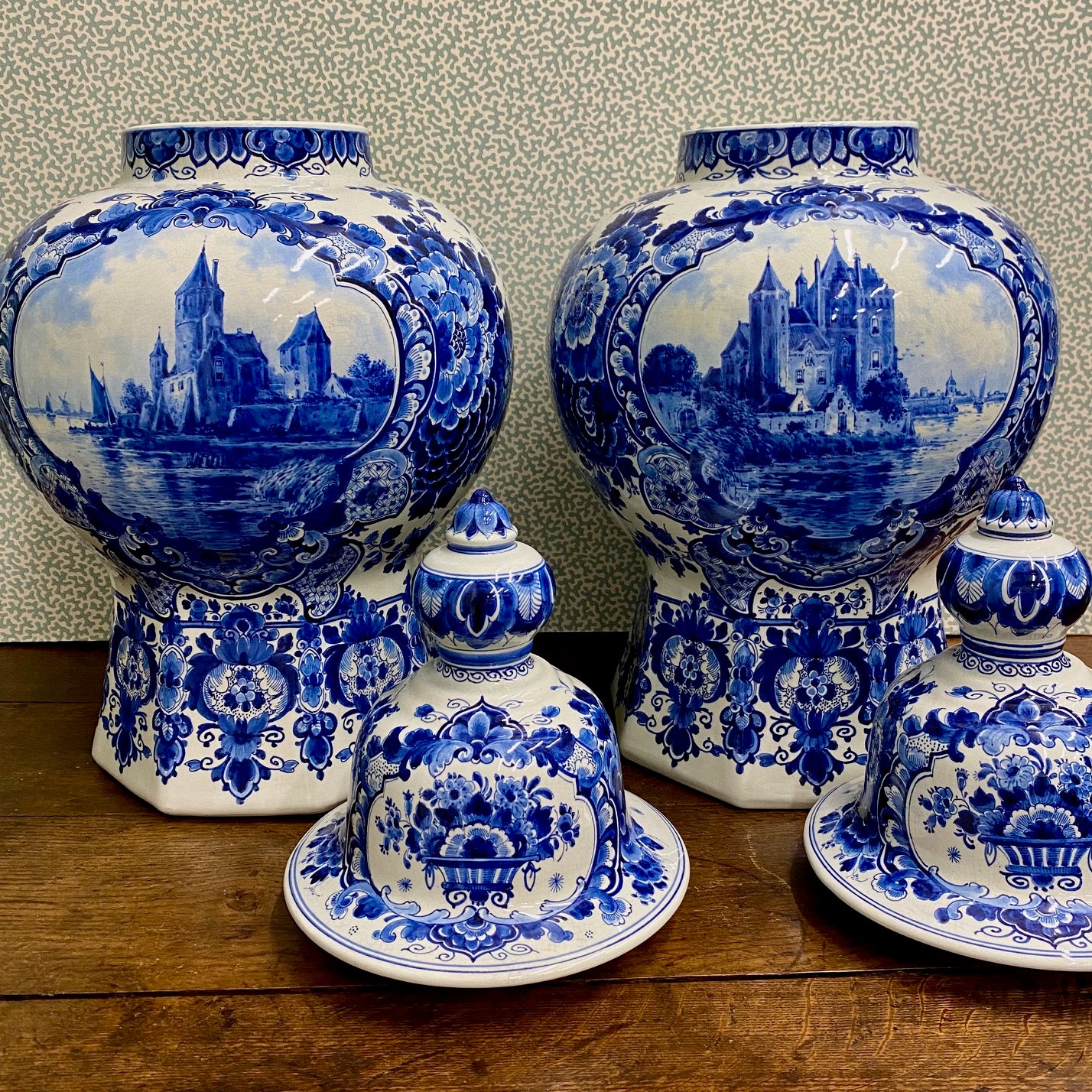 Pair Huge Fabulous Royal Delft Porceleyne Fles Hand Painted Blue & White Ginger Jars