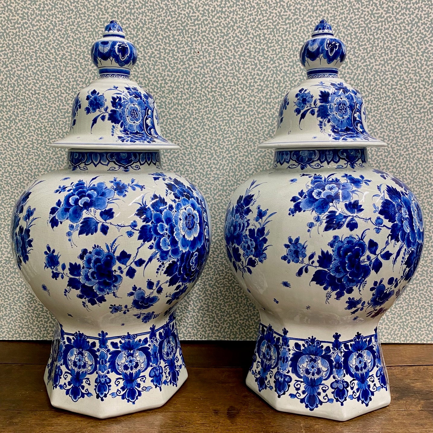 Pair Huge Fabulous Royal Delft Porceleyne Fles Hand Painted Blue & White Ginger Jars