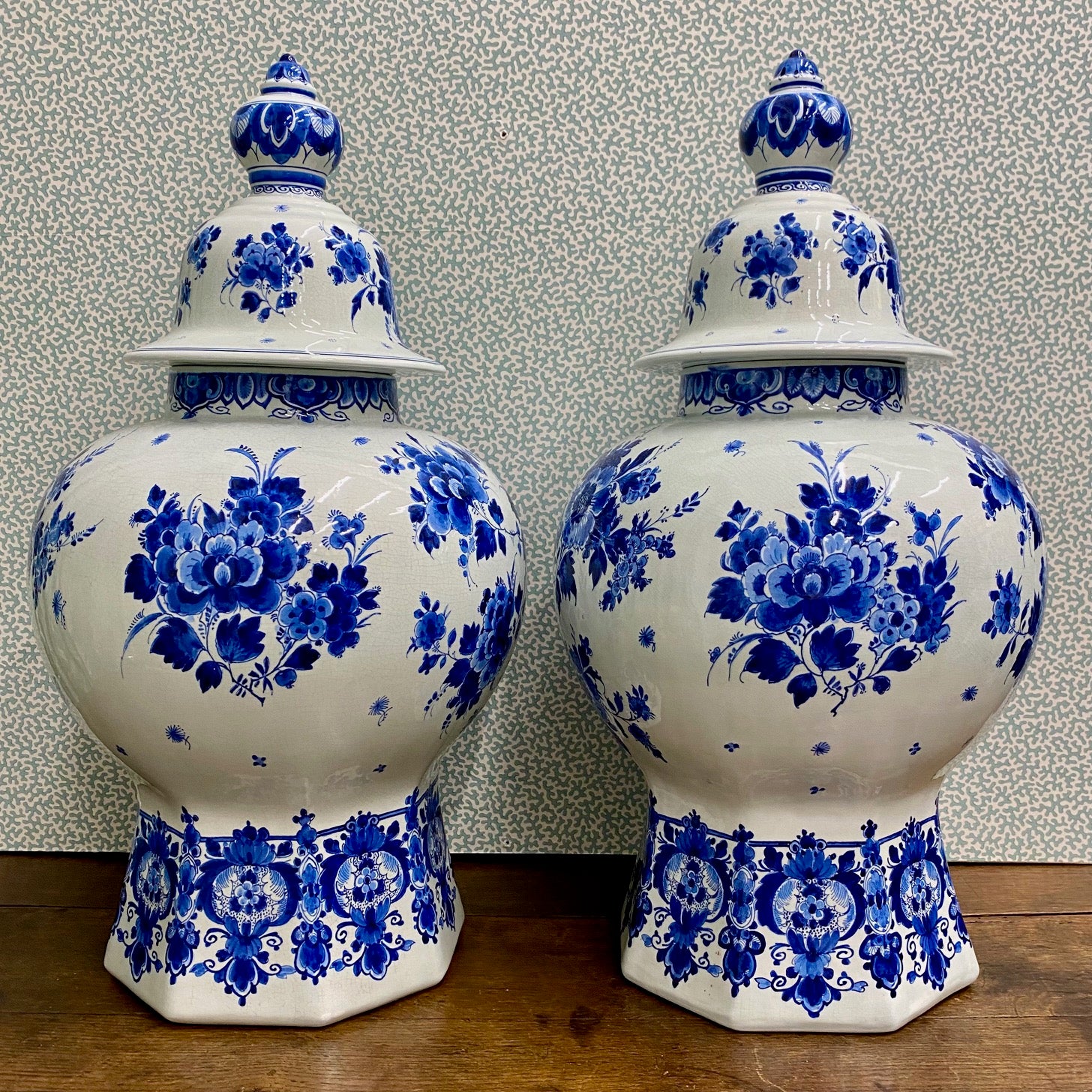 Pair Huge Fabulous Royal Delft Porceleyne Fles Hand Painted Blue & White Ginger Jars