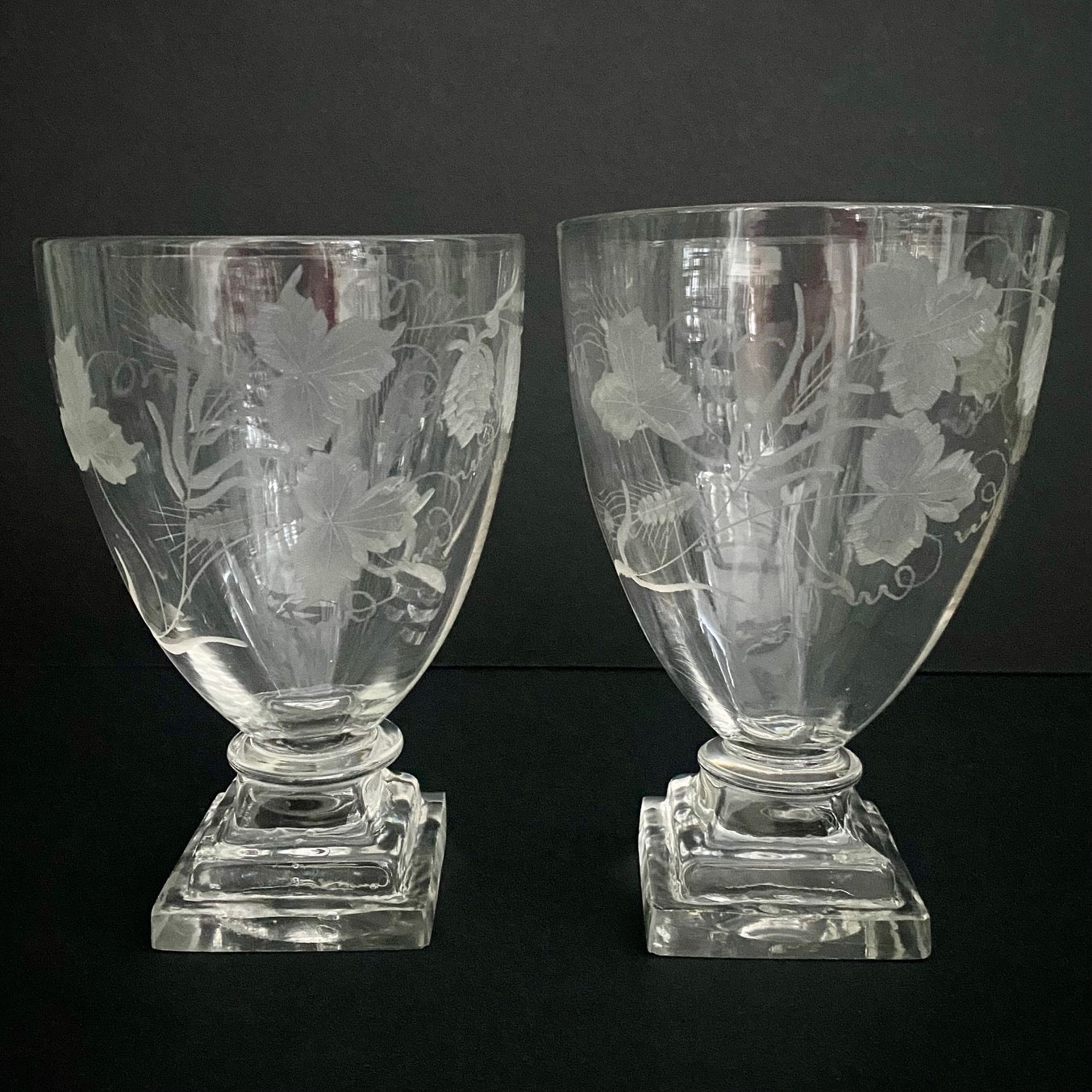 Pair Victorian Crystal Hand Blown Engraved Beer Rummers