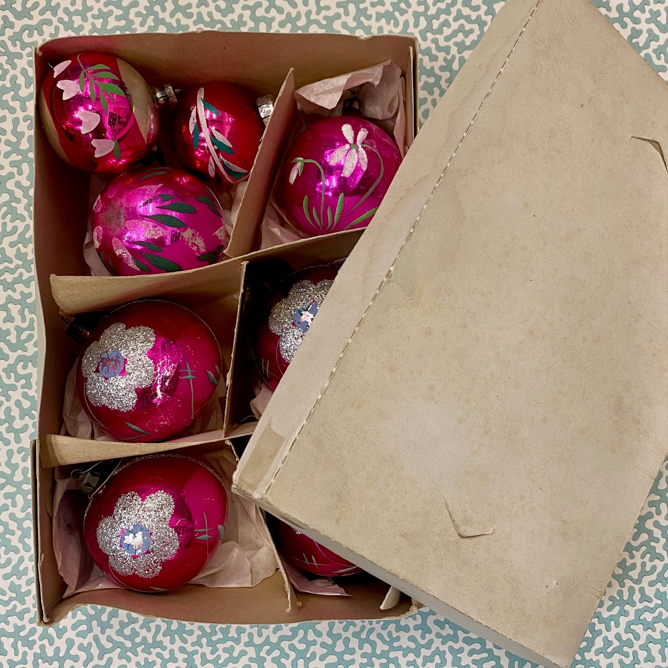 Vintage Glass Pink baubles, Mixed Set of 8