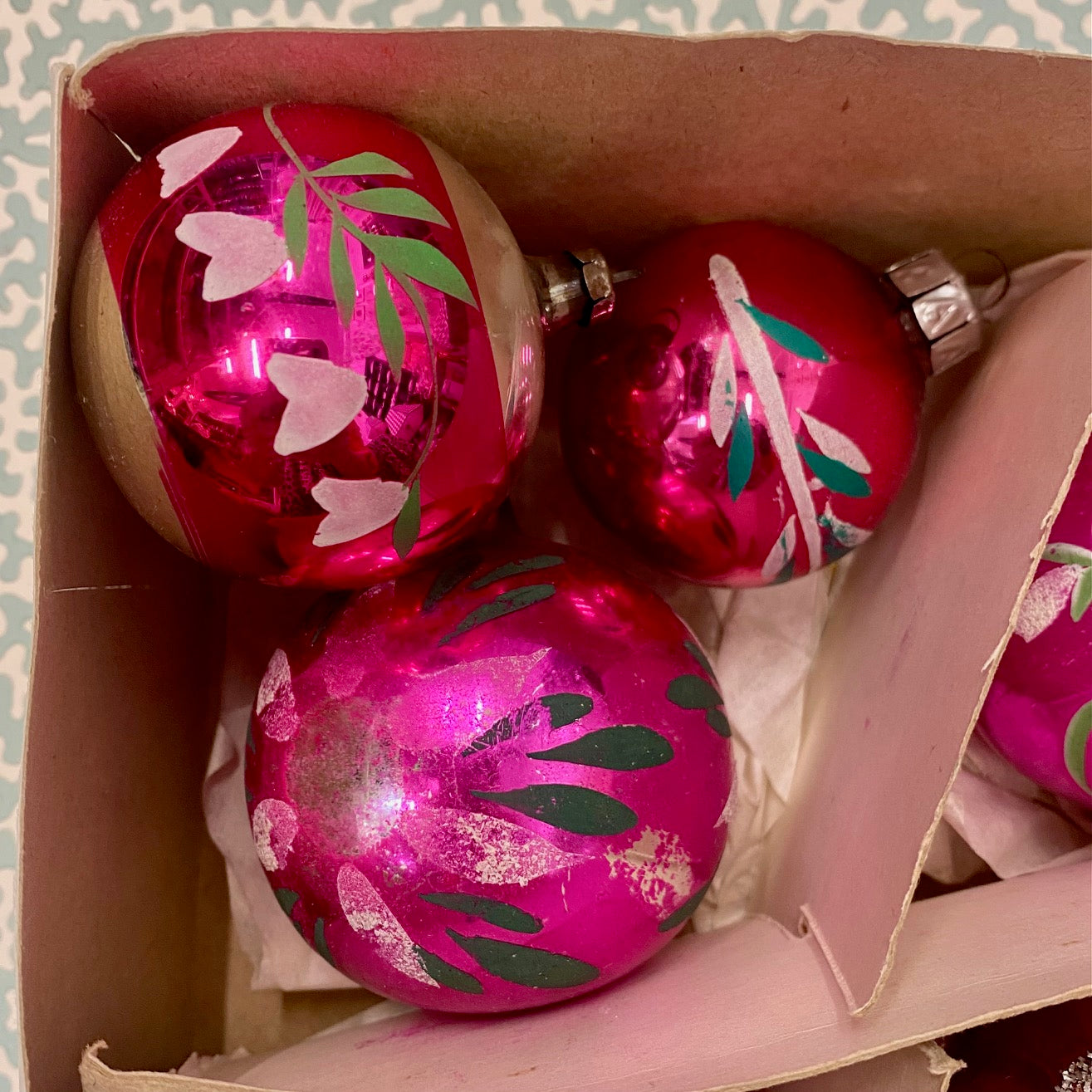 Vintage Glass Pink baubles, Mixed Set of 8