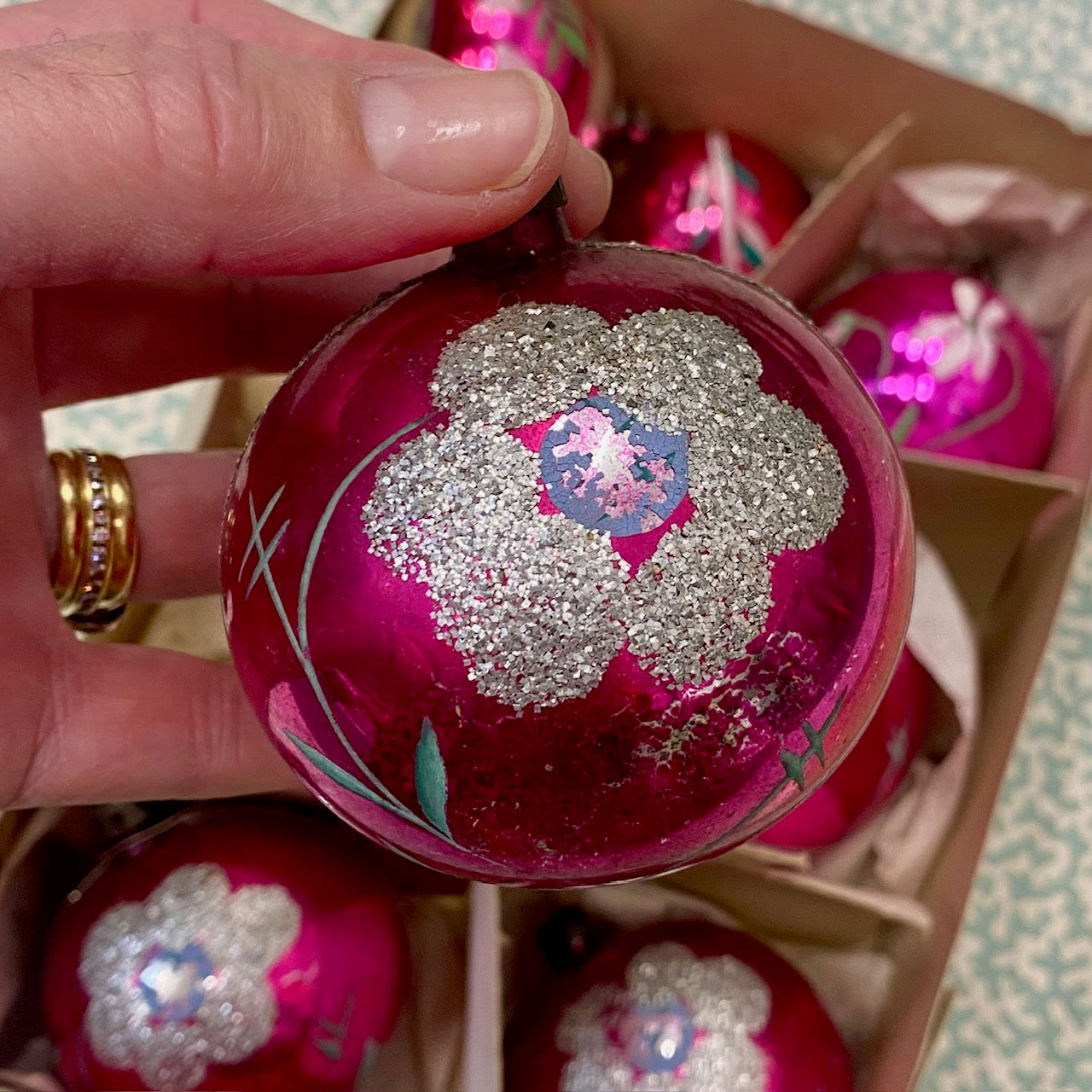 Vintage Glass Pink baubles, Mixed Set of 8