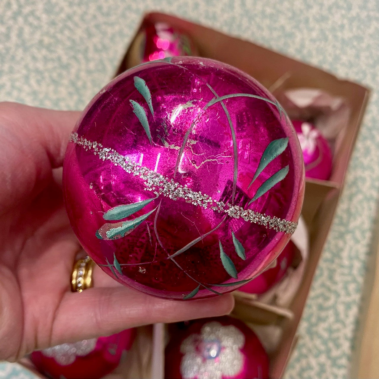 Vintage Glass Pink baubles, Mixed Set of 8