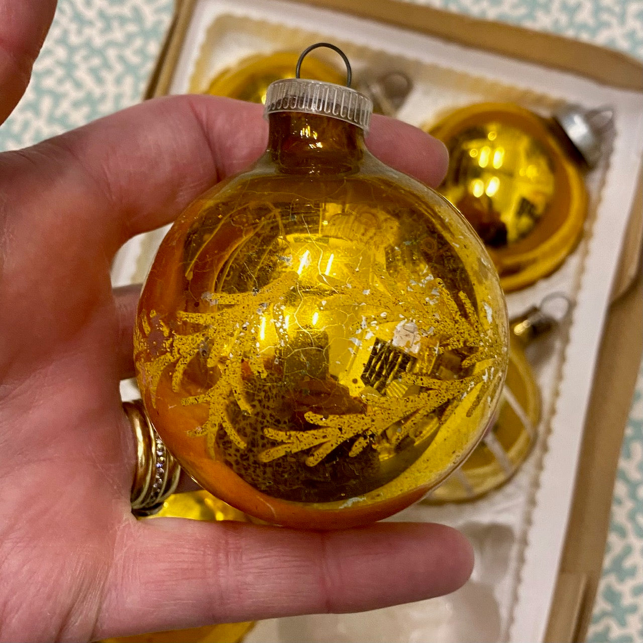 Gold Mercury Glass Baubles, Mixed Patterns and Tones, Box of 6