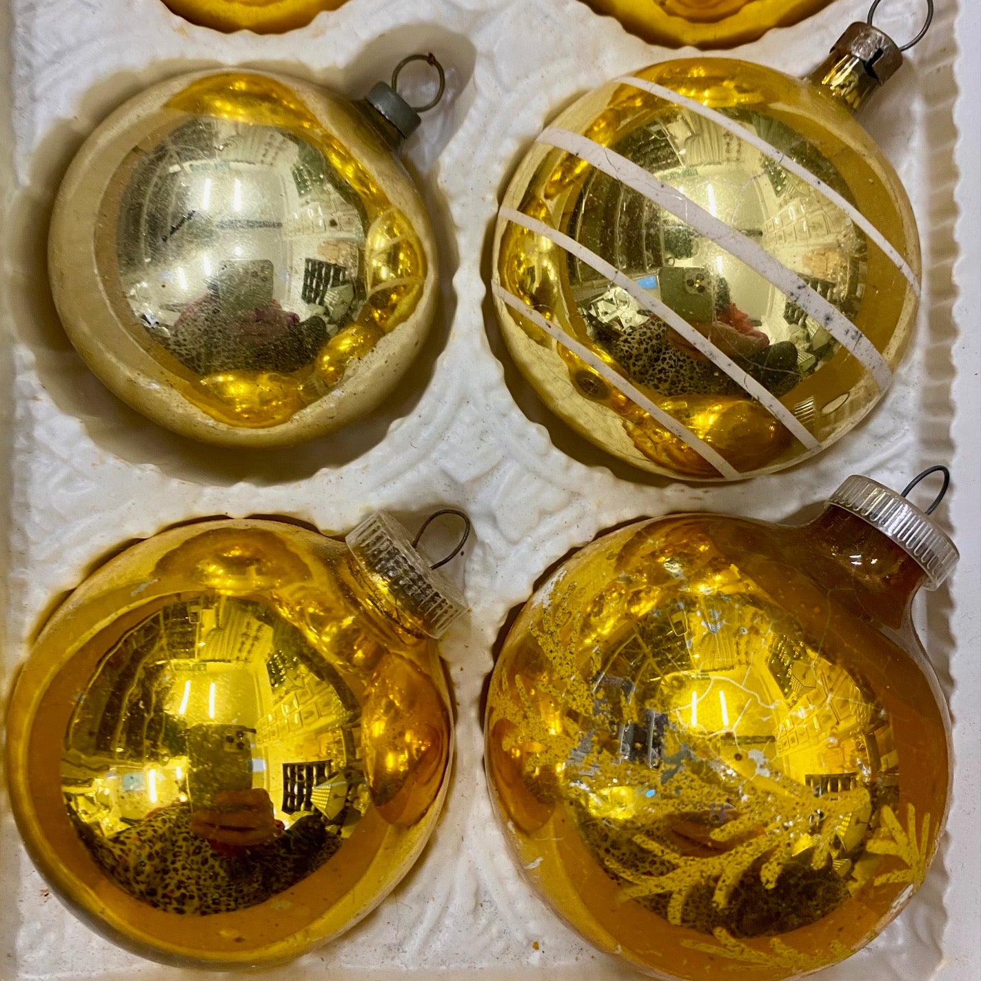 Gold Mercury Glass Baubles, Mixed Patterns and Tones, Box of 6