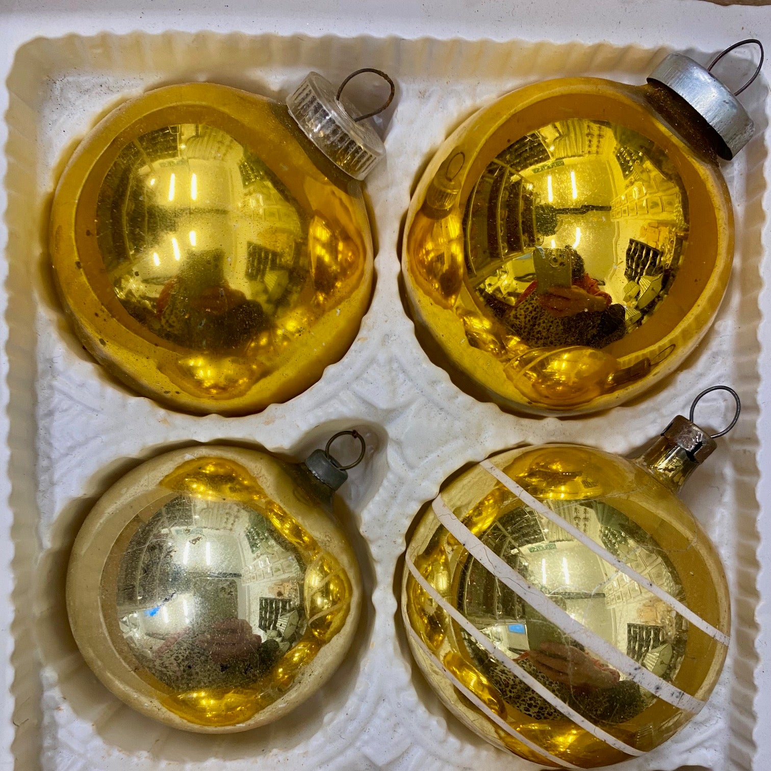 Gold Mercury Glass Baubles, Mixed Patterns and Tones, Box of 6