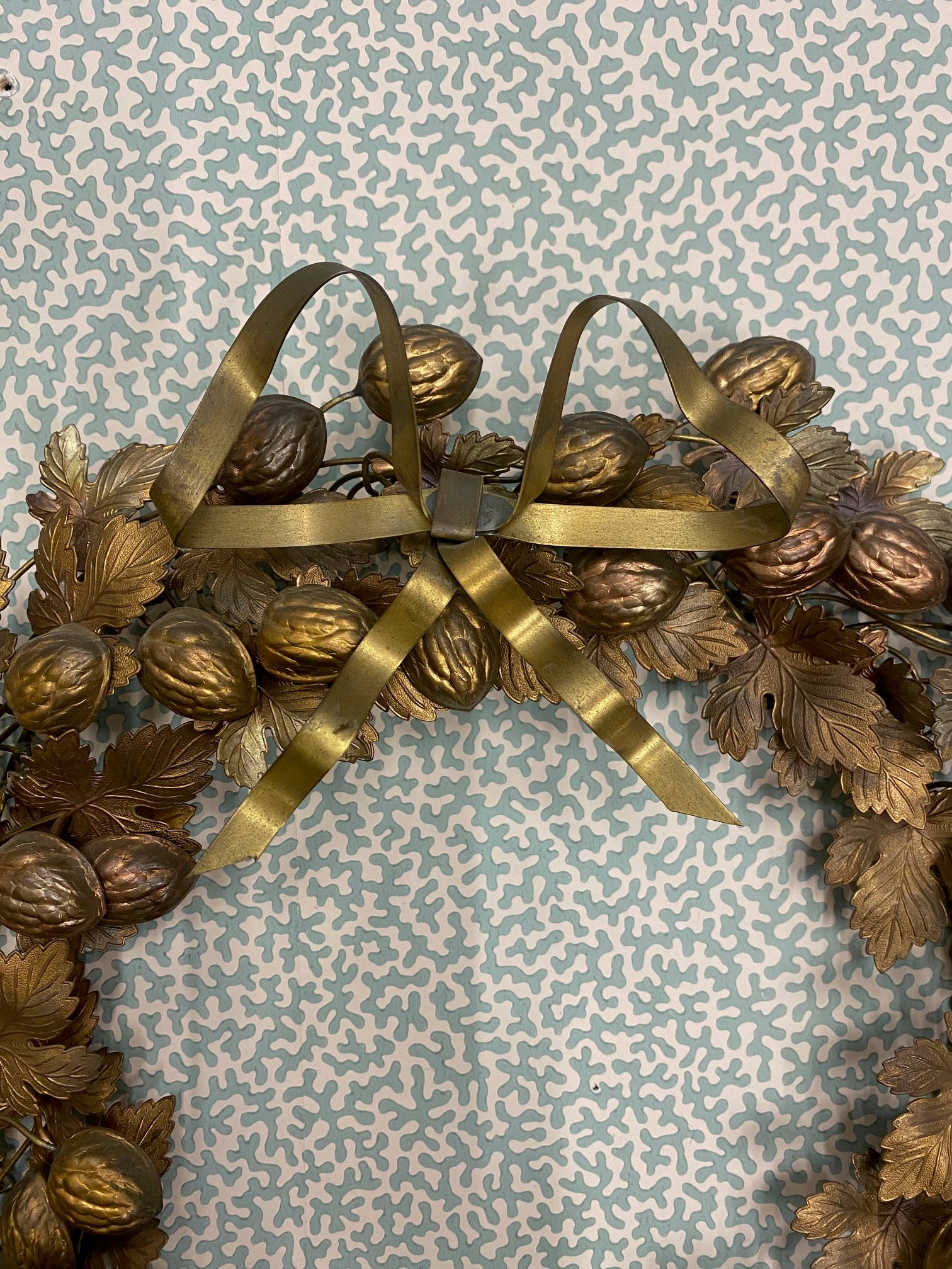 Fabulous Large Vintage Brass Wreath with Walnuts and Leaves