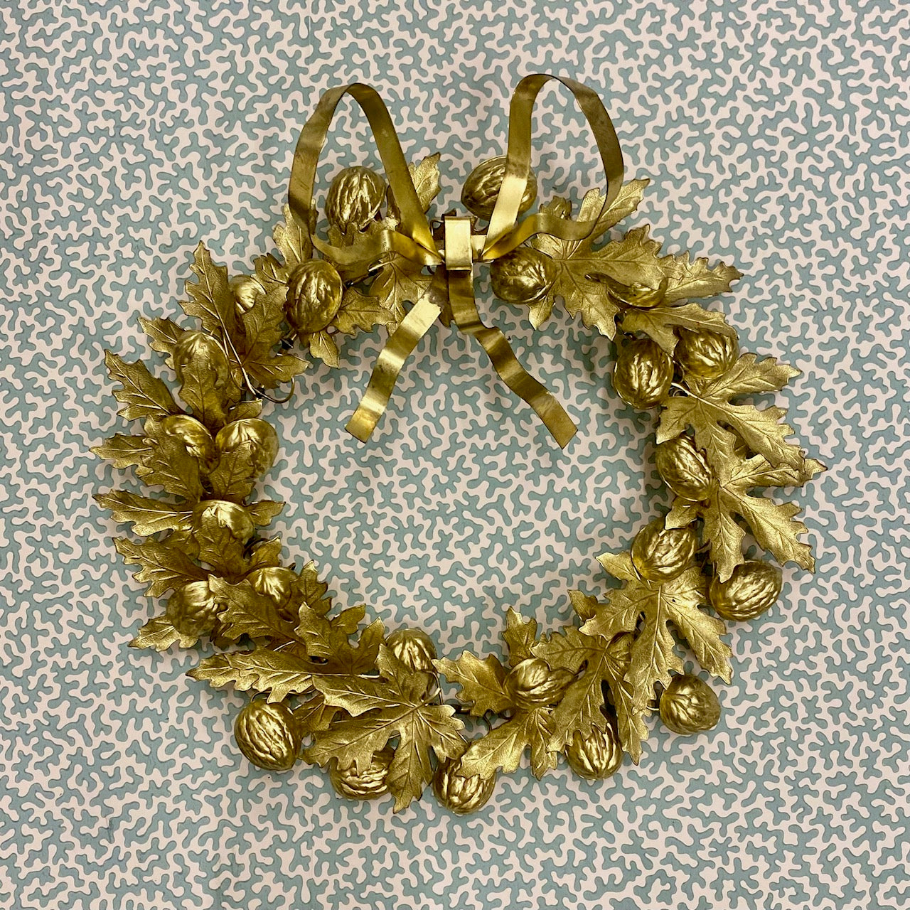 Stunning Vintage Medium Brass Wreath with Walnuts and Leaves