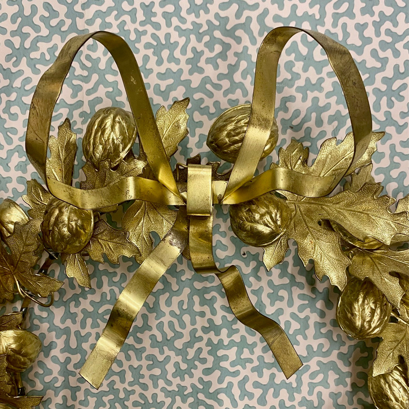 Stunning Vintage Medium Brass Wreath with Walnuts and Leaves