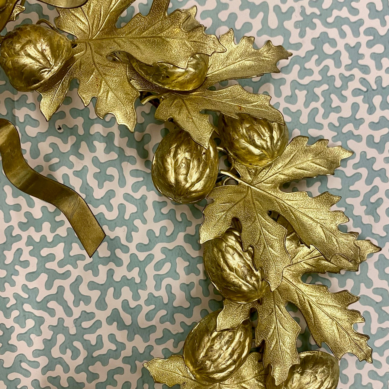 Stunning Vintage Medium Brass Wreath with Walnuts and Leaves