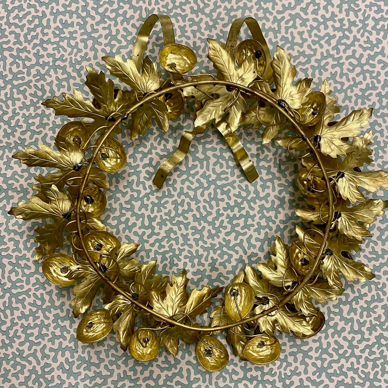 Stunning Vintage Medium Brass Wreath with Walnuts and Leaves